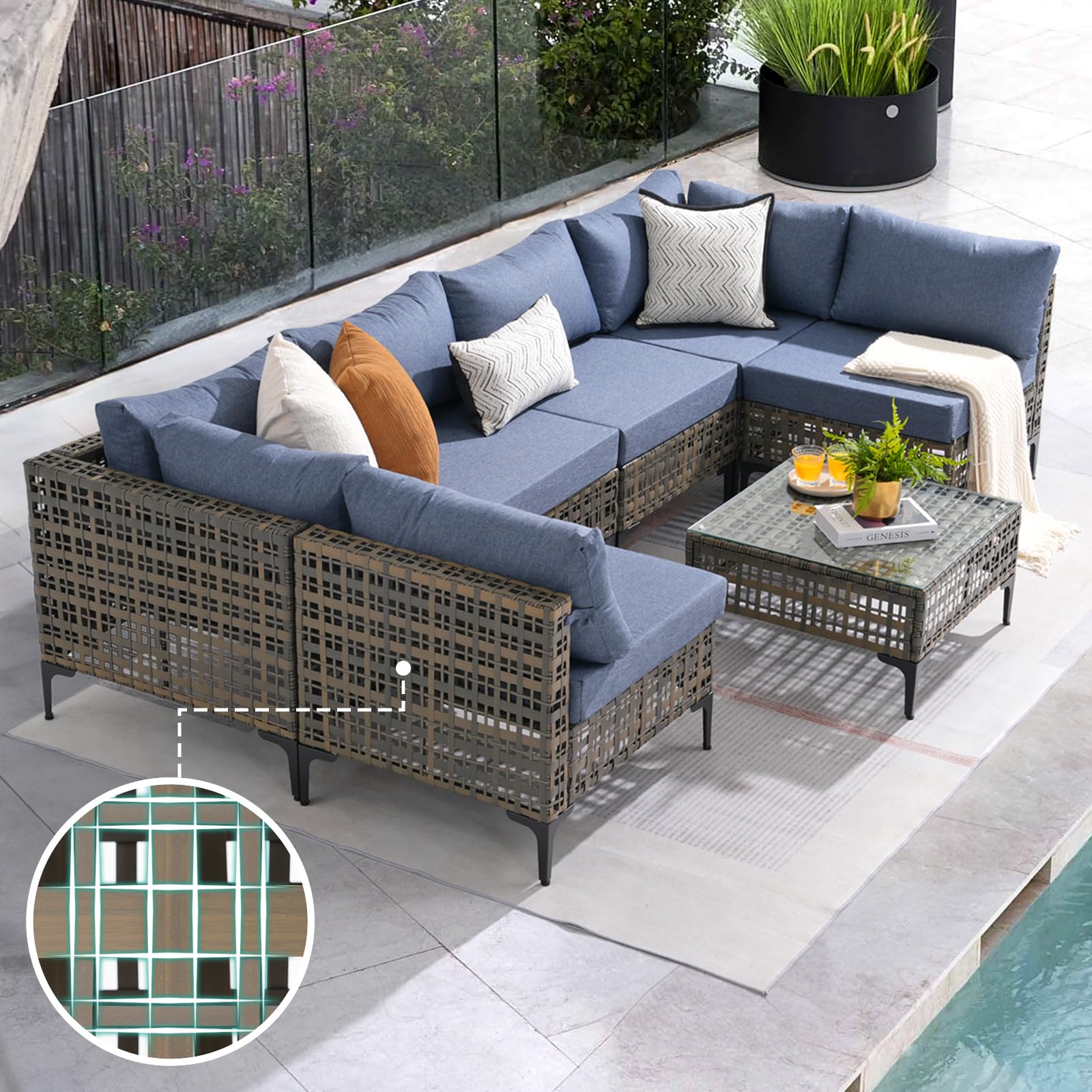 Patiorama 7 Piece Wicker Patio Furniture Set, Metal-Colored PE Rattan Outdoor Sofa Set Patio Sectional with Water Resistant Cushion and Coffee Table,