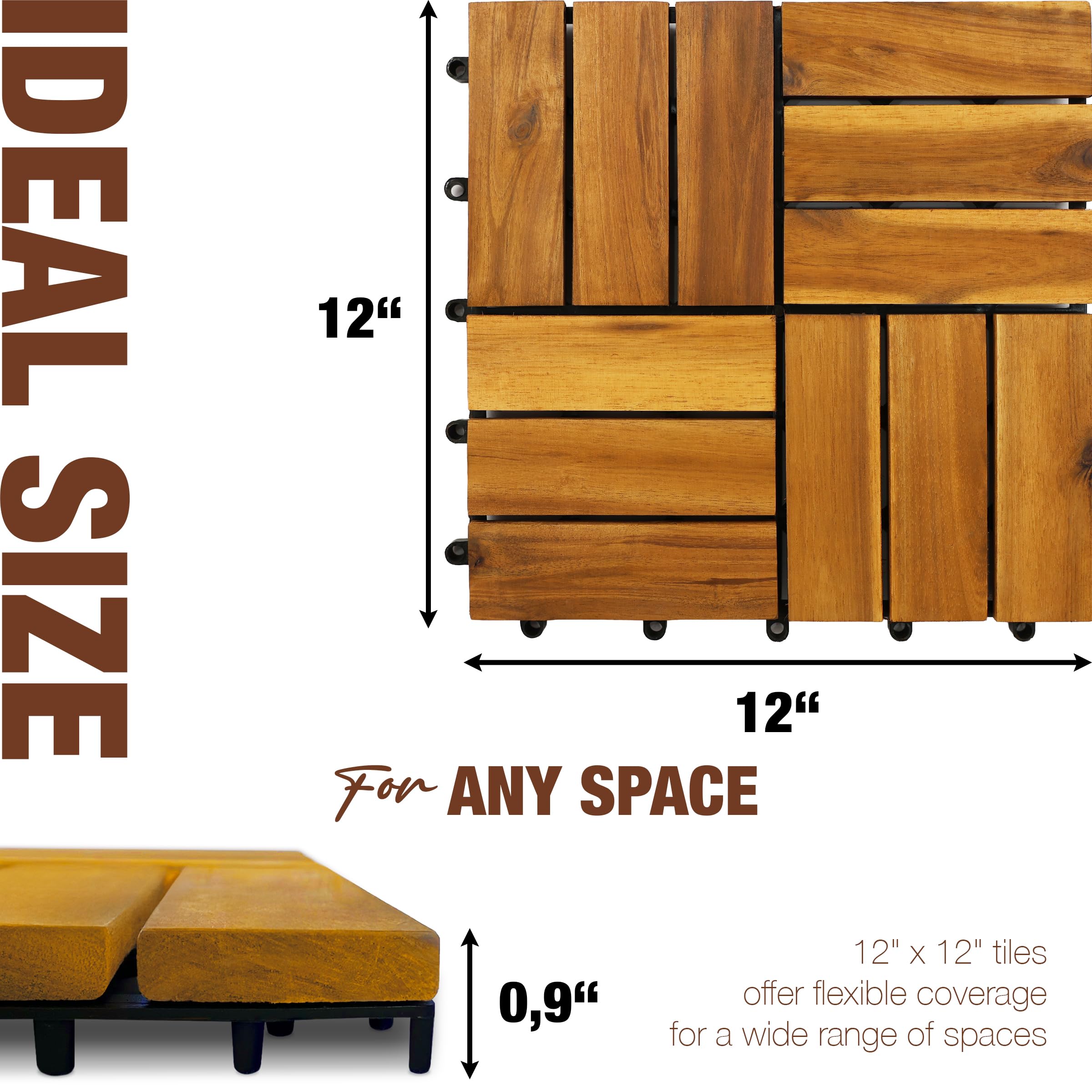 Piastrelle ad incastro in legno di acacia, 30,5 x 30,5 cm, per patio, esterni, impermeabili, per esterni, ad incastro per balcone, cortile, giardino e piscina, per tutte le condizioni atmosferiche, 10