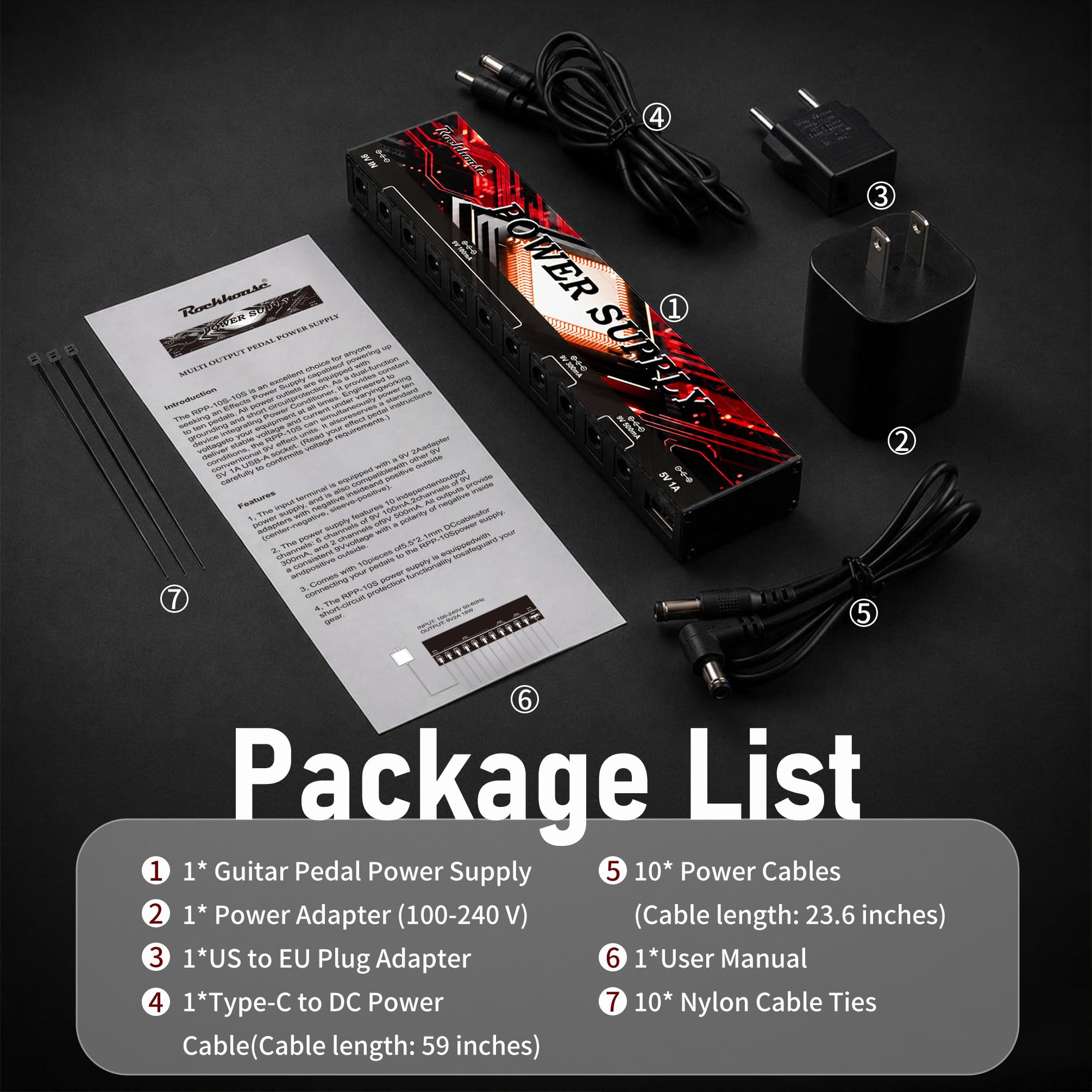 Rockhouse Alimentatore a pedale per chitarra, isolato, 9 V, 100 mA, 300 mA, 500 mA, uscita | Kit completo di alimentazione per effetti chitarra elettrica con cavo DC e adattatore per pedaliera Live Performance