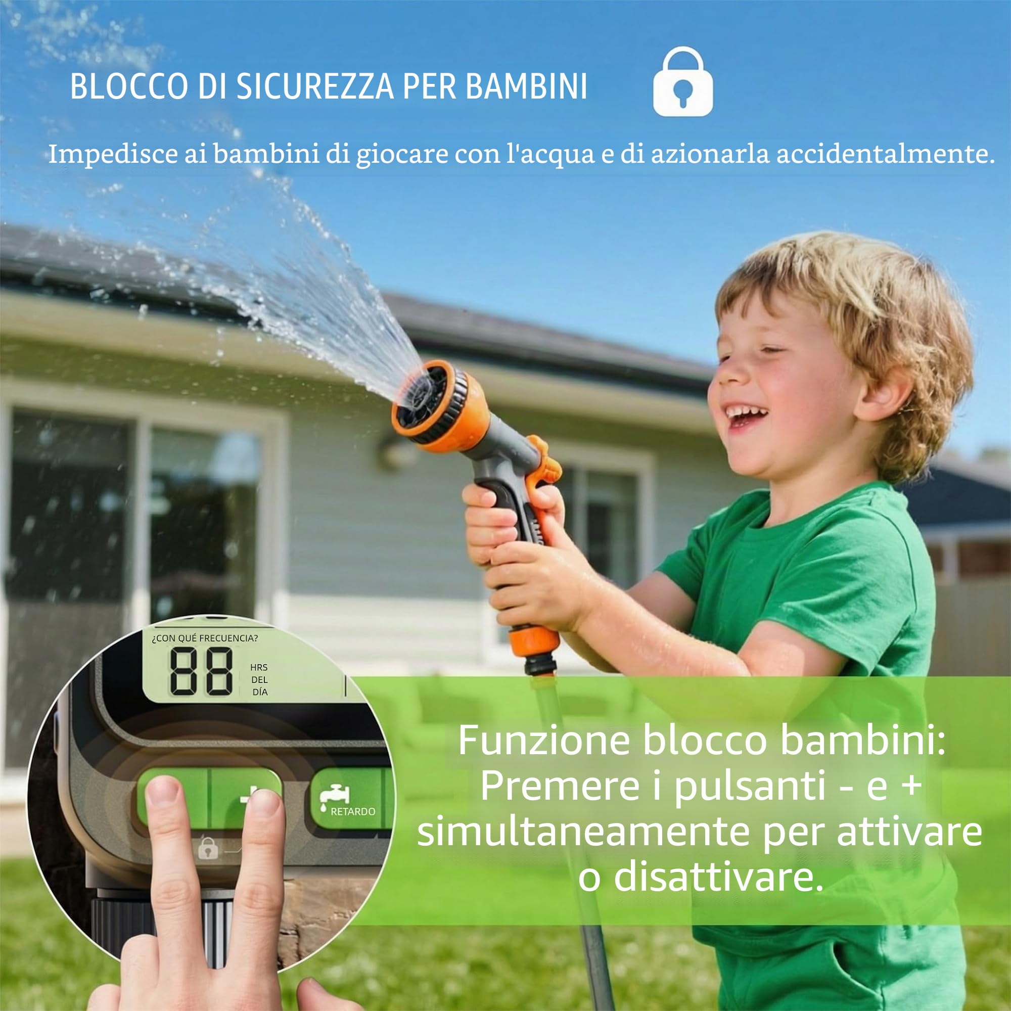 Timer di irrigazione automatico con grande display LCD – Modalità manuale/automatica, funzione di sospensione per pioggia, incluso 1 distributore d'acqua a Y da 3/4 di pollice