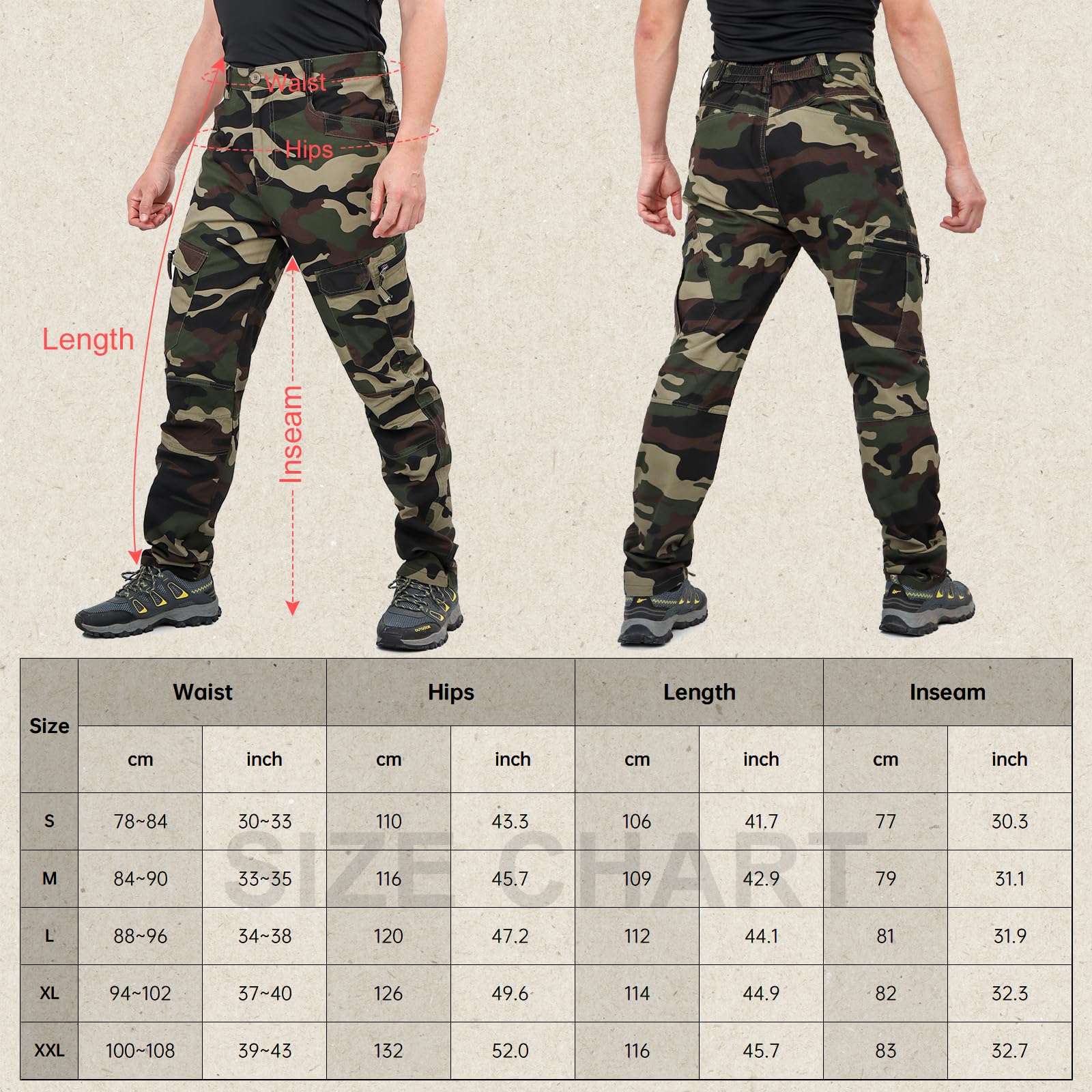 LY4U Pantaloni da Lavoro Cargo da Uomo, Pantaloni Casual da Esterno Mimetici in Cotone - Abbigliamento da Trekking da Campeggio con 10 Tasche