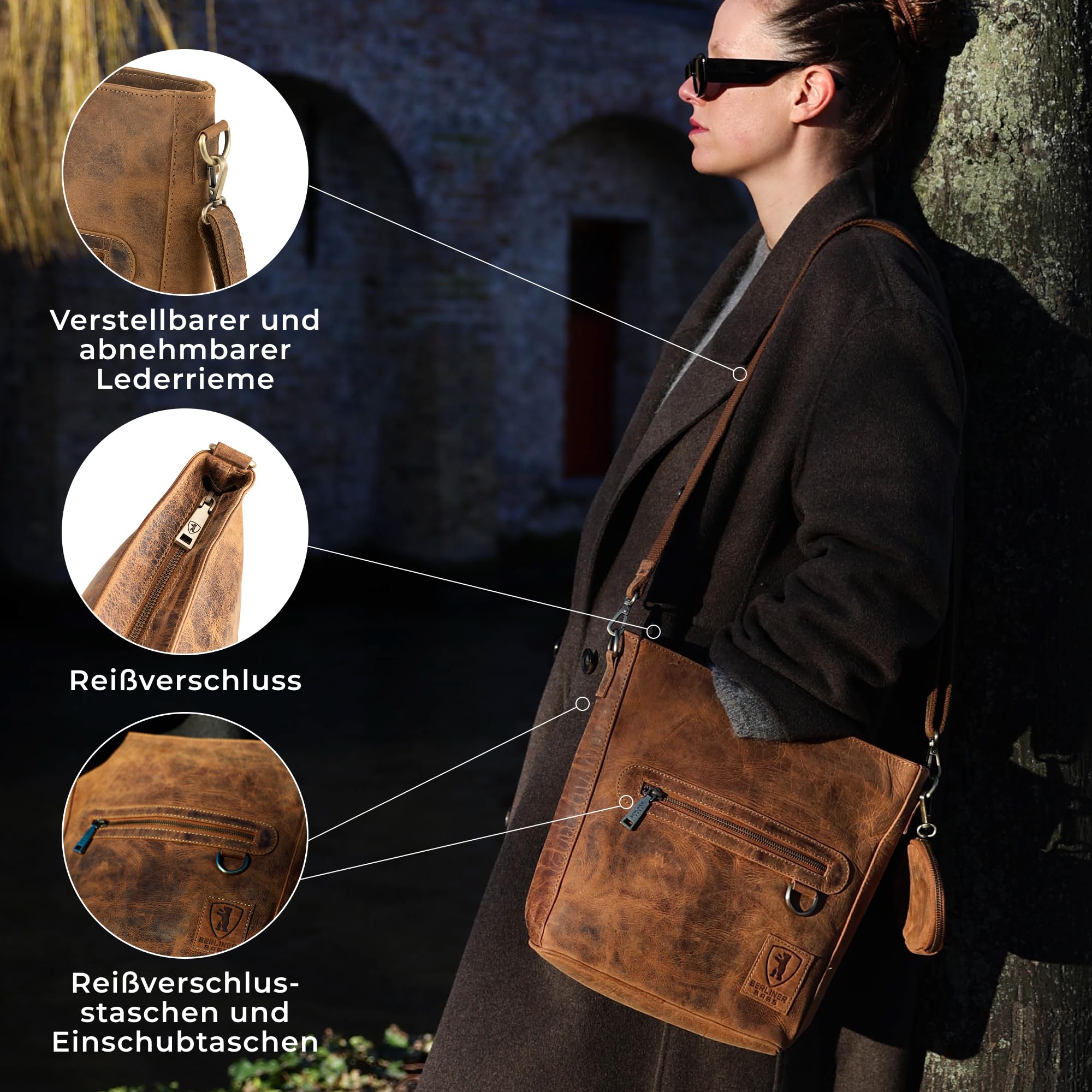 Berliner Bags Vintage Schultertasche Siena, Mittelgroße Umhängetasche aus Leder, Crossbody Bag, Handtasche für Damen - Braun