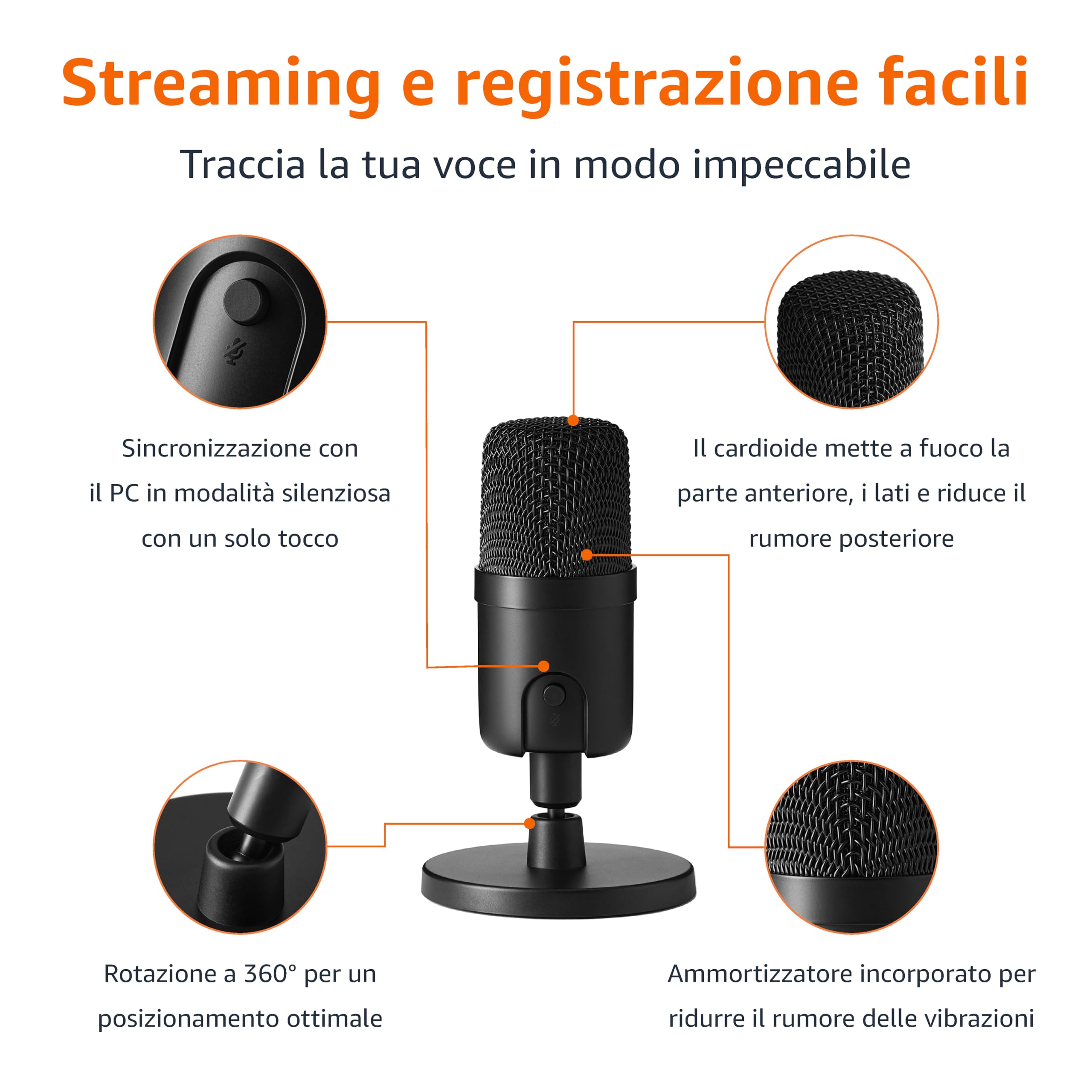 Amazon Basics Mini microfono a condensatore USB per streaming, videogiochi, podcasting con pickup cardioide, 5.8 x 3.4 inches, Nero