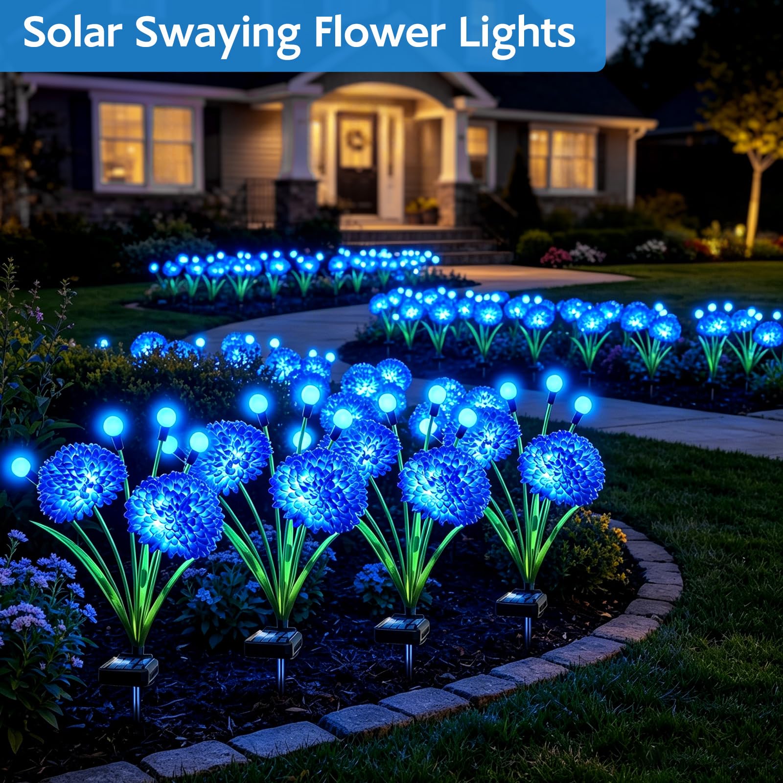 Solar-Gartenleuchten, 4 Stück, blaue Solar-Lichter mit schwingenden Glühwürmchen-Lichtern mit Blumen, wasserdichte blaue Blumen, Licht für den Außenbereich, für Garten, Terrasse, Hof, Weg