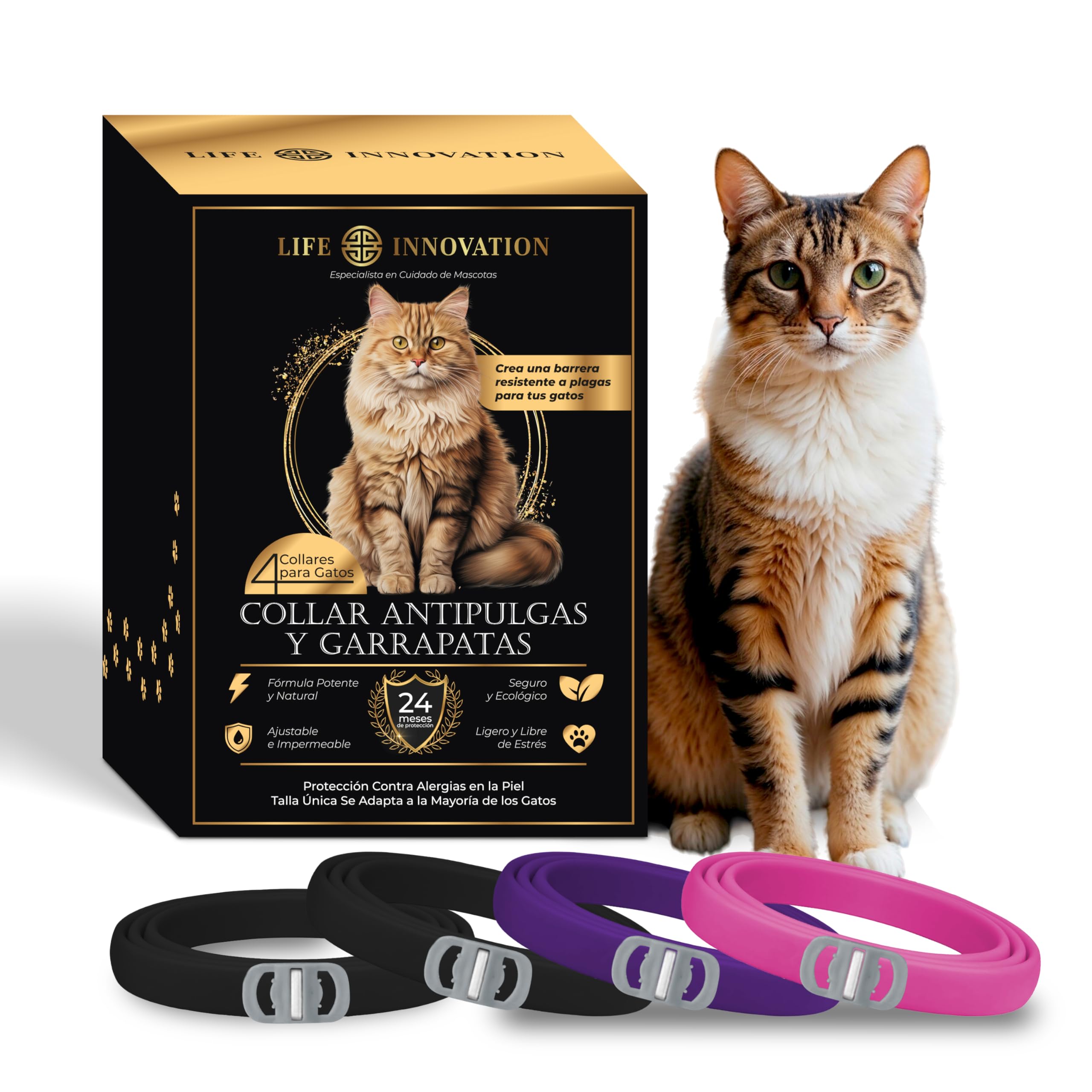 Pack de 4 Collares Antiparasitarios para Gatos, 24 Meses de Protección contra Pulgas, Garrapatas y Mosquitos – 100 % Natural, Impermeable, Ajustable, para Todos los Tamaños.