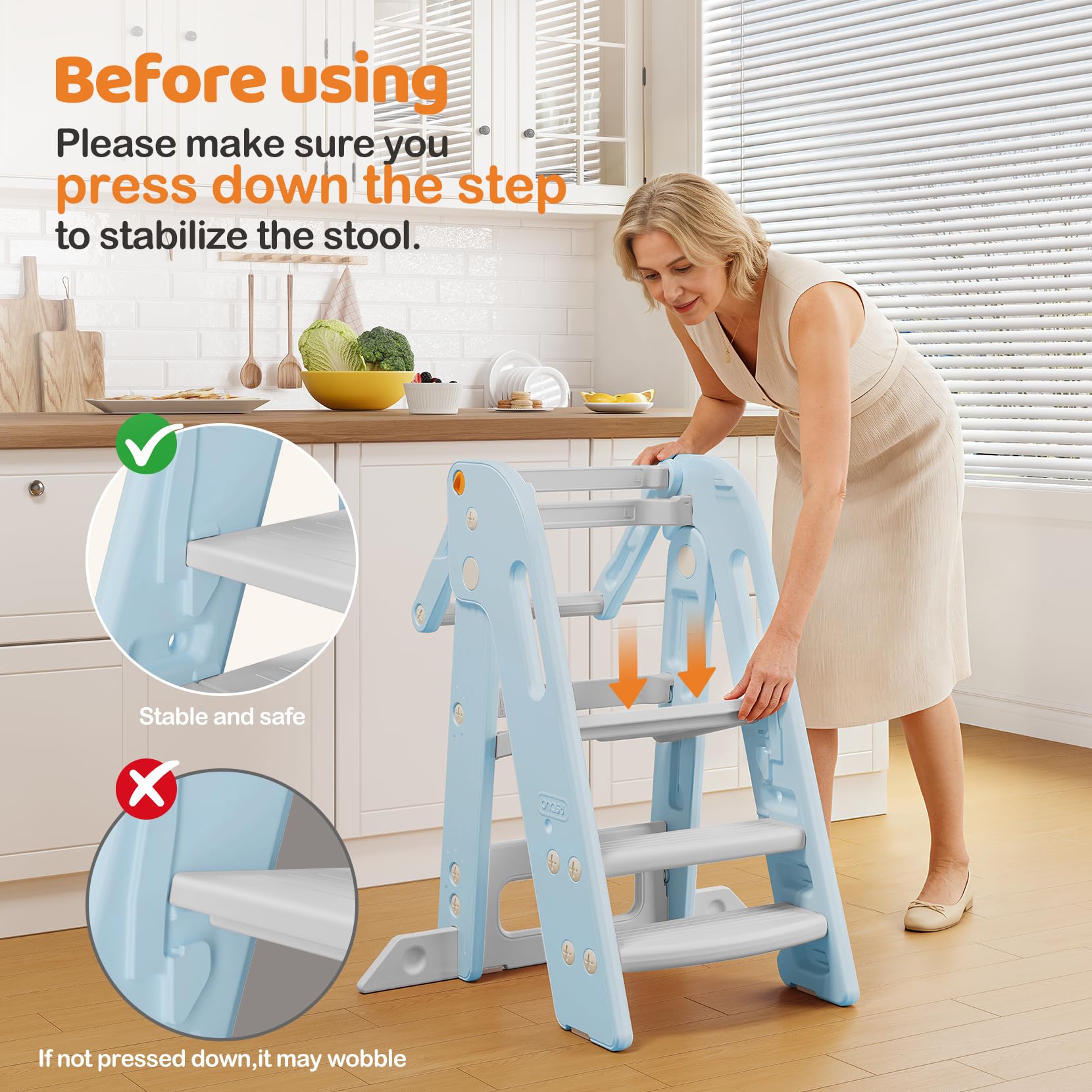 Onasti Torre de Aprendizaje Niños, Plegable, Torre de Aprendizaje Montessori, Escalón para niños Ajustable en Altura de 2 a 3 escalones, Torre Aprendizaje para Cocina, baño y lavabos (Azul)