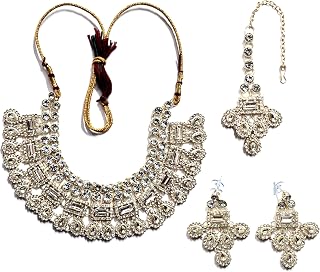 PKB111 Necklace Jewellery Set for Women, Silver Colour, with Earrings and Maang Tikka Price In India