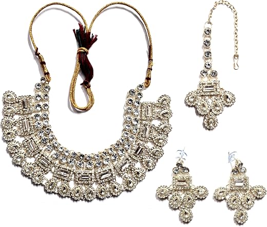 PKB111 Necklace Jewellery Set for Women, Silver Colour, with Earrings and Maang Tikka