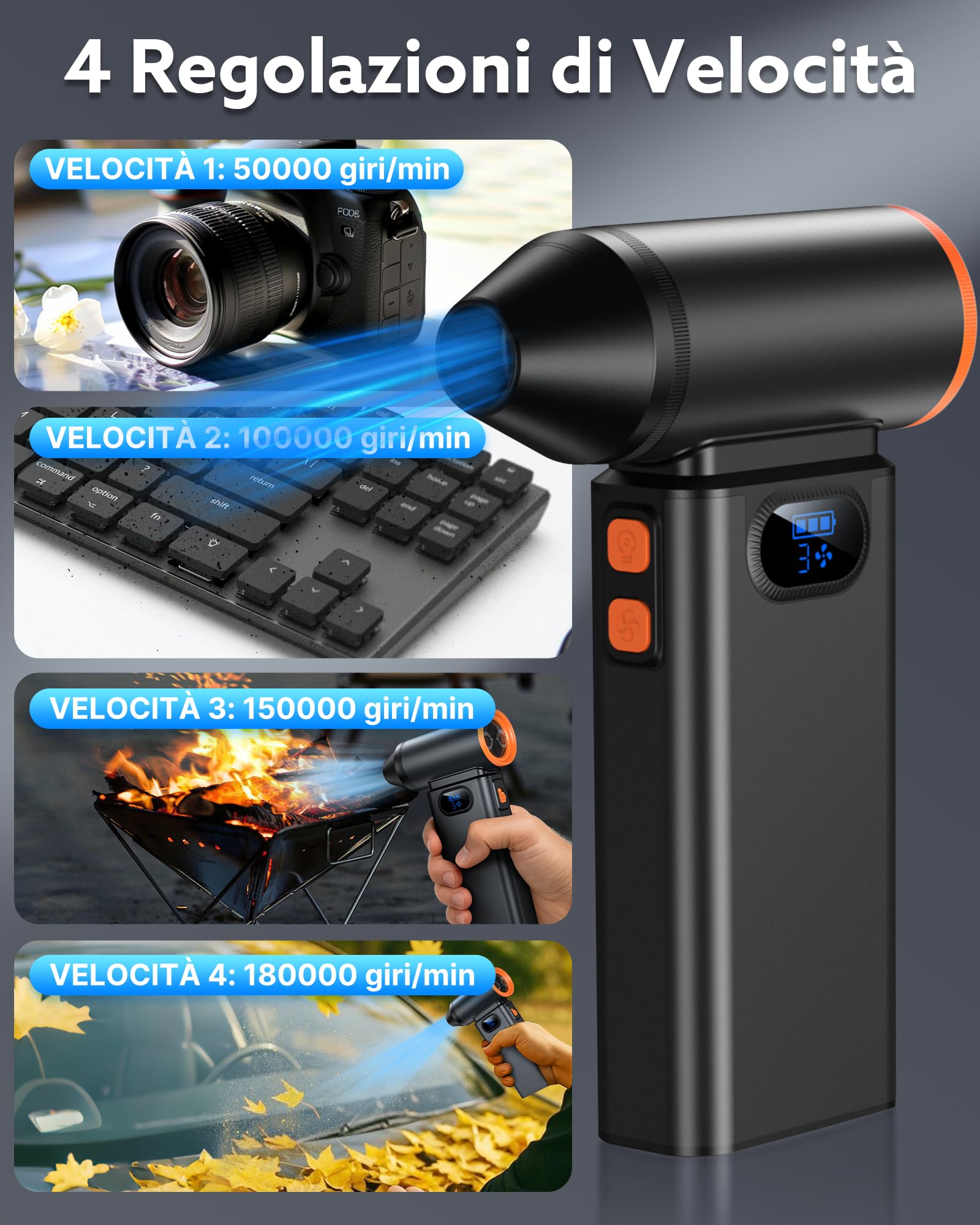 YAMOSO Aria Compressa Elettrico Metallo, 180000 giri/min, 4 Velocità Portatile Soffiatore Potente con Batteria 8000mAh, Luce LED, Mini Aria Compressa Spray per Pulizia PC, Tastiera, Auto, Casa, Divano