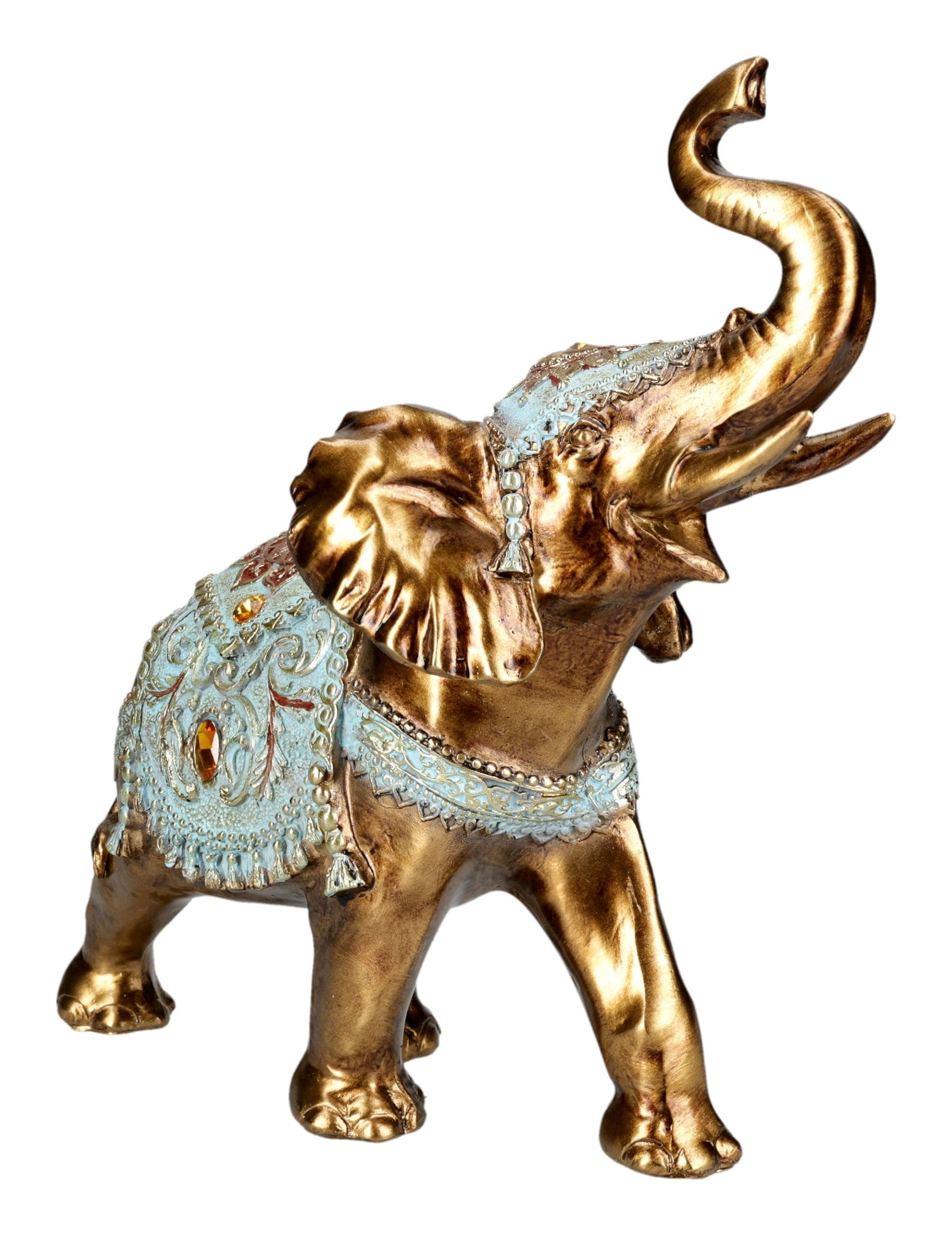 Figuren Shop GmbH Elefante de la suerte, figura de elefante con manta turquesa, pintado a mano (23 cm), símbolo de buena suerte, salud y prosperidad, idea de regalo