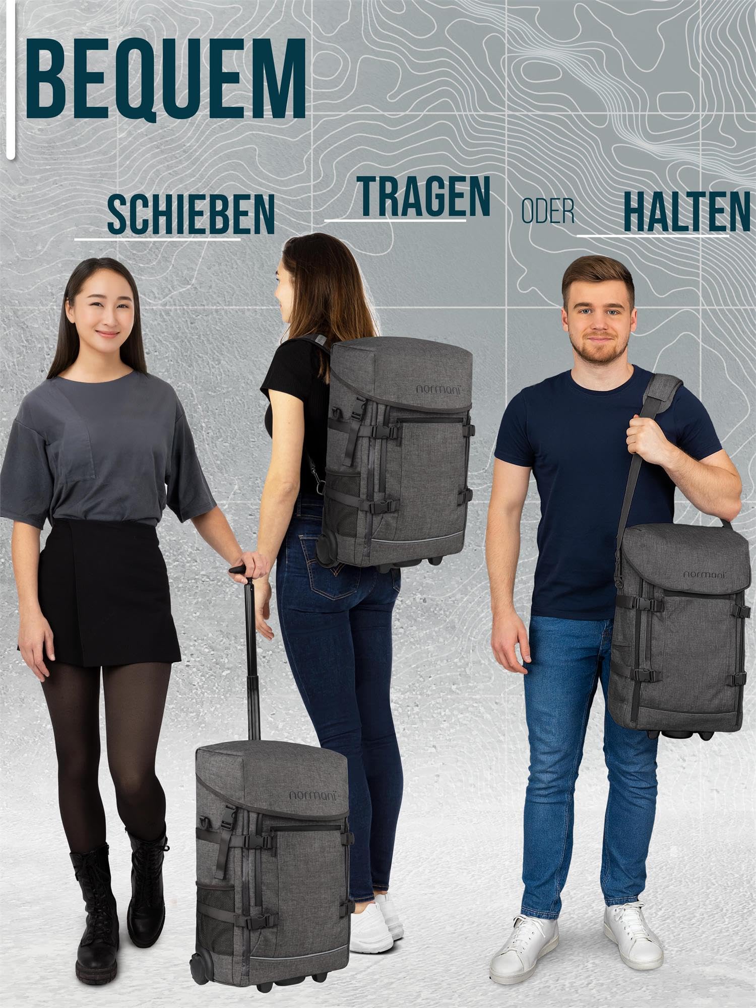 normani Backpacker Reisetaschen-Rucksack Reiserucksack mit Trolleyfunktion mit Frontloader und Handgepäck-maßen 50x37x20 cm - Cabin Bag 37 L Volumen auf 3 Fächer Farbe Grau Größe 50 x 37 x 20 cm