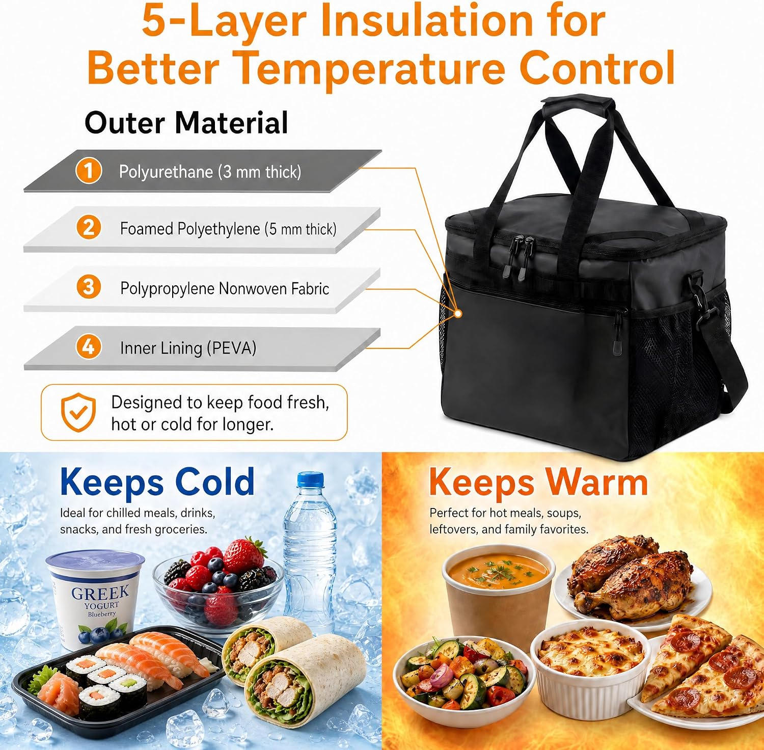 Insulated Cooler Bag 38L Leakproof Soft Cooler Dual Compartment Waterproof Beach Ice Chest,Collapsible Bag Organizer Holds 50 Cans for Camping Picnic Travel Fishing Grocery Sports Event