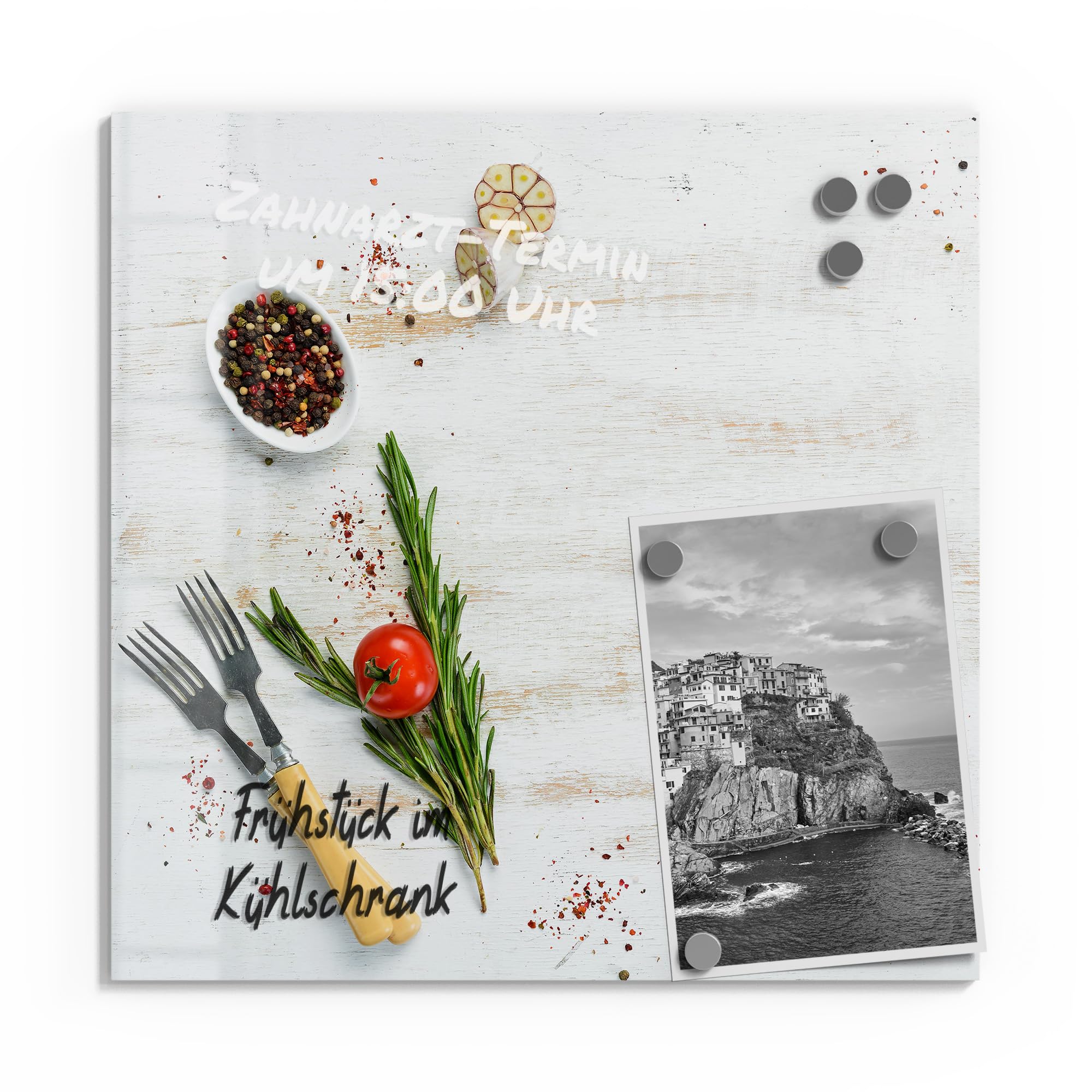 DEQORI Glas-Magnettafel | 30x30 cm groß | Motiv Küchenkräuter und Gewürze | Memo-Board aus Glas | Magnetboard inkl. Magnete, Stift & Tuch für Küche & Büro | Tafel magnetisch & beschreibbar