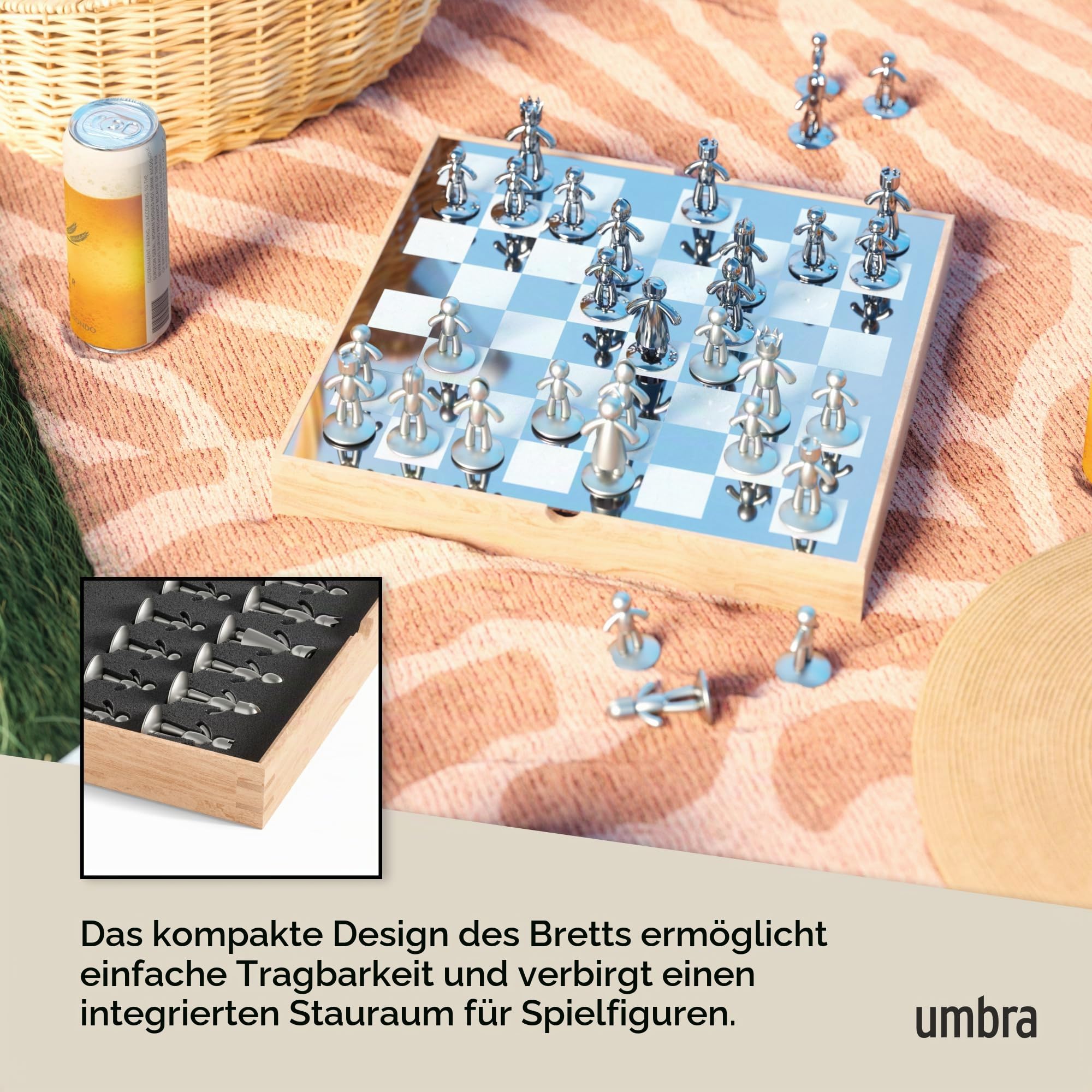 Umbra Buddy Schachspiel, Schachbrett Eschenholz, 36x36x6 cm, Natur | Zinkfiguren mit Samtboden, verstecktes Aufbewahrungsfach, Nickel und Titan Finish, robust für alle Altersgruppen
