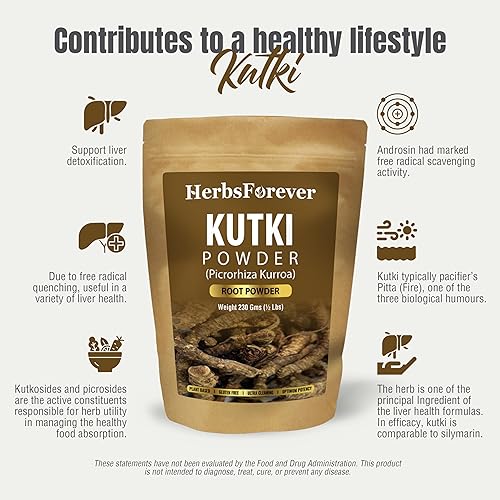 Miniatura 5 de HerbsForever Polvo Kutki – Picrorhiza Kurroa – Ayuda en la salud del hígado – Purificador de sangre – Sin OMG, orgánico, vegano – 230 GMS