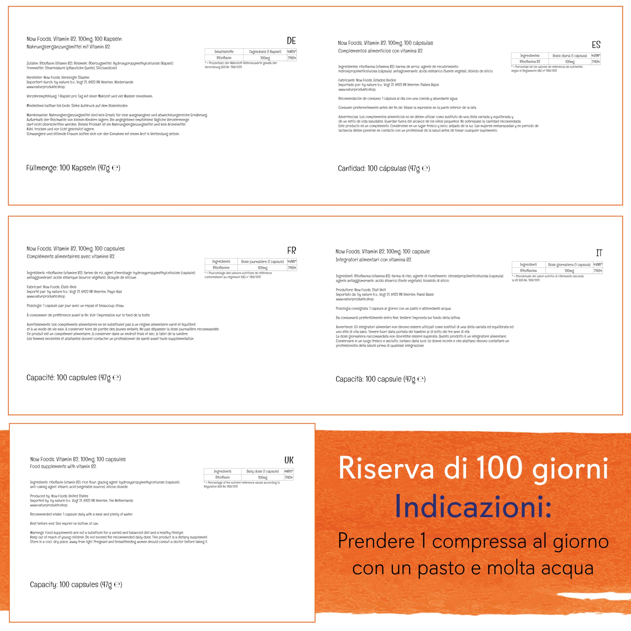 Now Foods Vitamin B2 (Riboflavina), 100mg, 100 capsule vegane, Testato in Laboratorio, Senza Glutine, Senza Soia, Vegetariano, non OGM