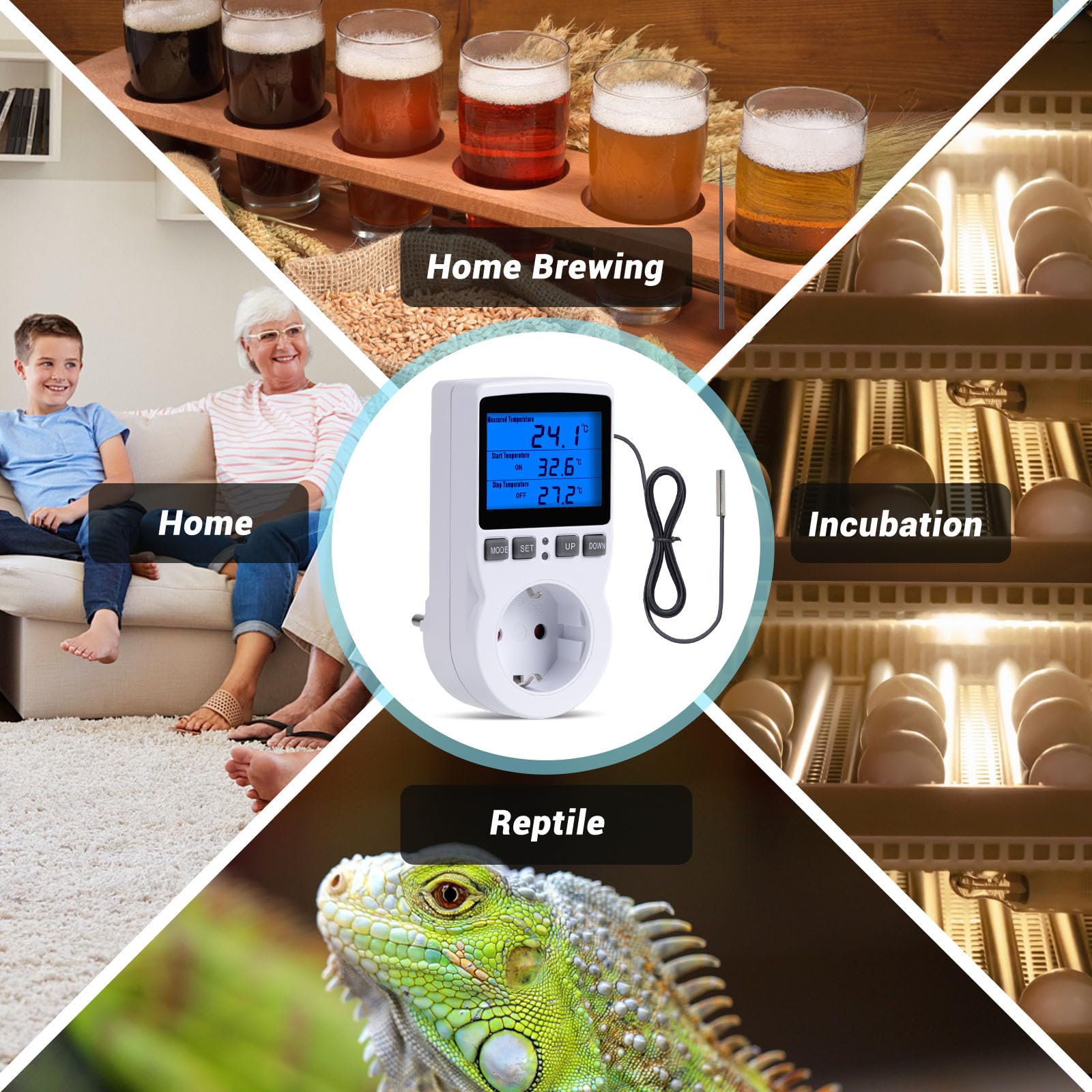 INKBIRDPLUS Termostato Digital Enchufe Calefaccion y Enfriamiento con Sonda 220V, Controlador de Temperatura Enchufe Momento Cuenta Regresiva para Incubadora,Tortugas,Lagartos,Elaboración casera,Cría