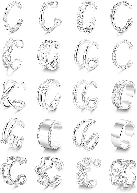 LOLIAS 20PCS Ear Cuff Earrings Set Adjustable for Women Non-Piercing Cartilage Clip On Wrap Earring Fake Helix Cartilage Earrings Cuffs Lip Nose Ring Non Pierced
