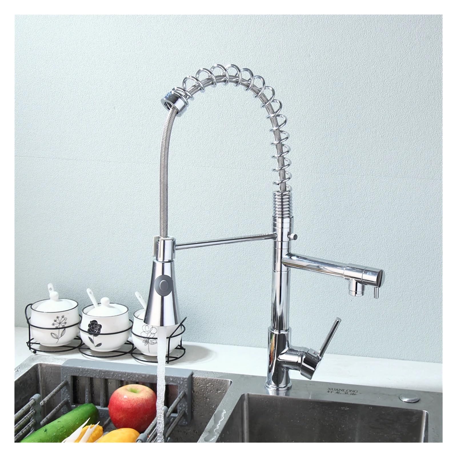 Robinet d'évier de cuisine extractible à ressort bicolore vert et orange
