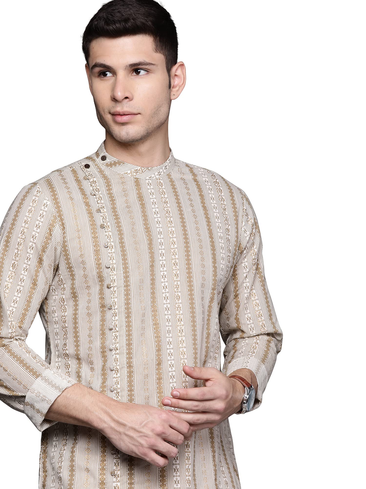 Indo Era Men Cotton Straight Fit Foil Print Mandarin Collar Straight Kurta (MKT0OW1083) in neutral