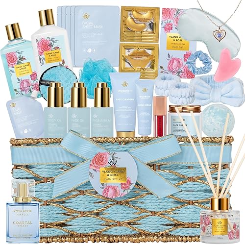 Ylang - Cesta de regalo de 35 piezas de baño y cuerpo para mujer, kit de cuidado de la piel facial, juego de regalo de spa, regalo de relajación de