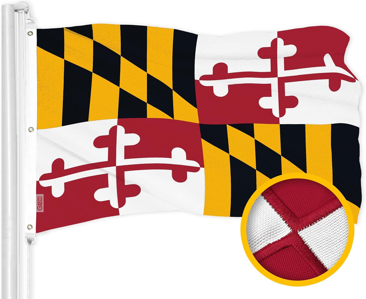G128 Maryland MD State Flag | 5x8 Ft | ToughWeave Series Embroidered 600D Polyester | Embroidered Design, Indoor/Outdoor, Brass Grommets
