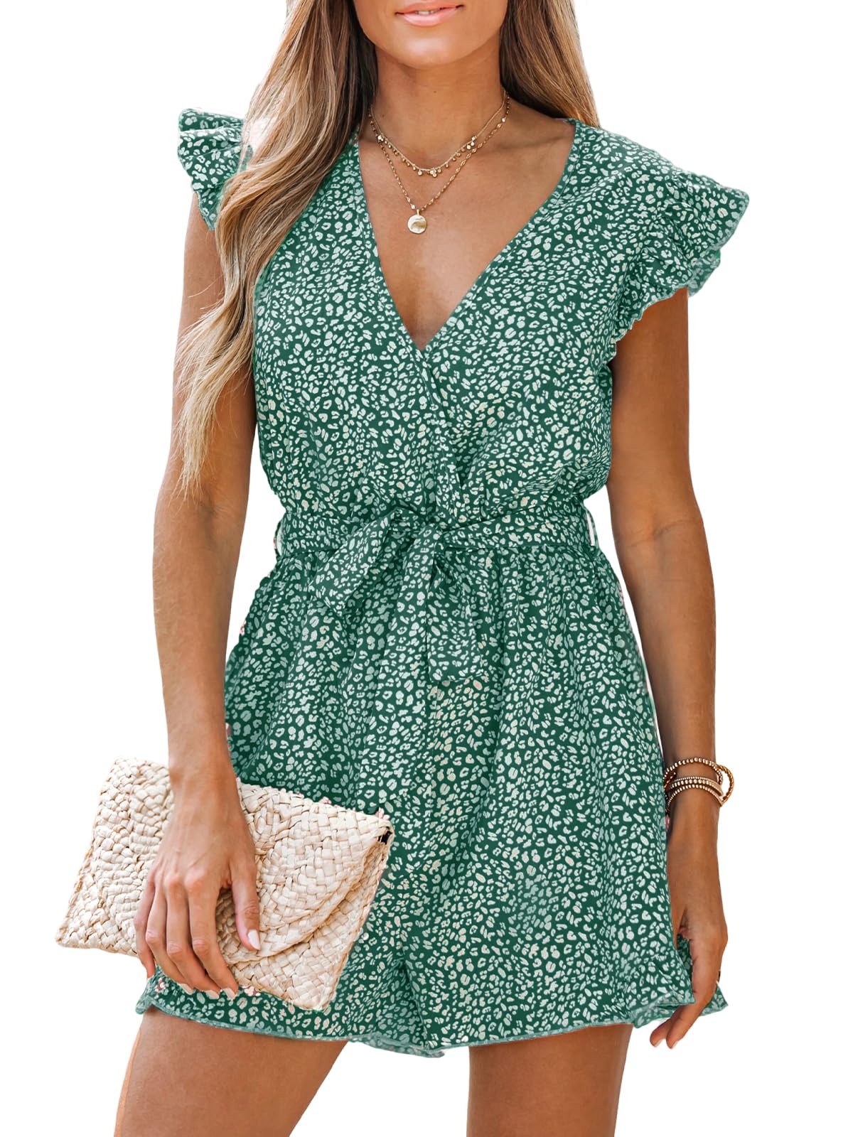 CUPSHE Damen Jumpsuit V-Ausschnitt Rüschen Strampler Leopard Flügelärmel Weites Bein Overall mit Gürtel Kurz Lose Hosenanzug
