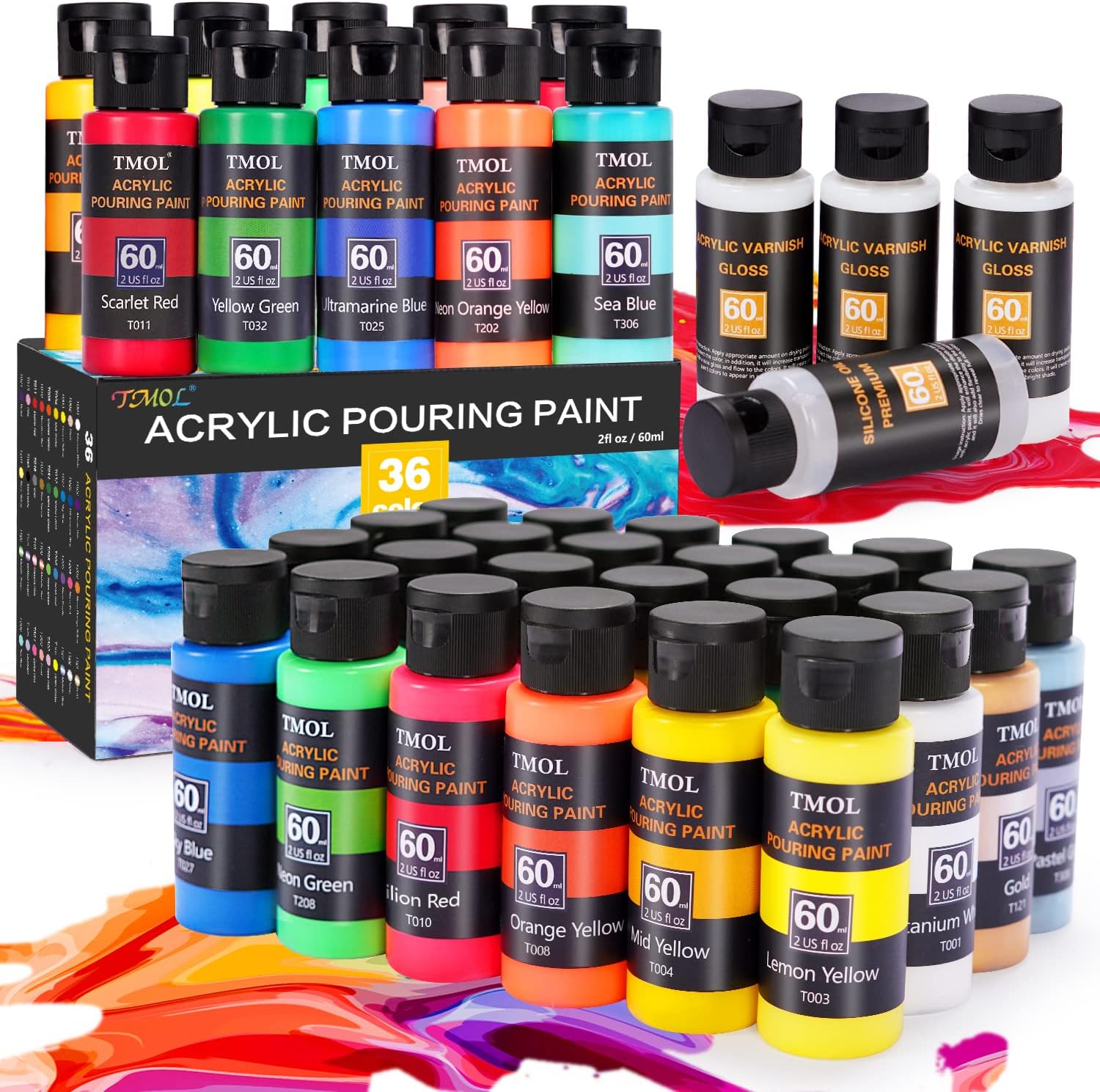 Acrylic Pouring Paint Set, 36 Colors (2 oz/Bottle) with Silicone Oil & Gloss Medium, Assorted Colors, High Flow Acrylic Paint, No Mixing Needed, Art Supplies for Pouring on Canvas, Wood and More : Arts, Crafts & Sewing