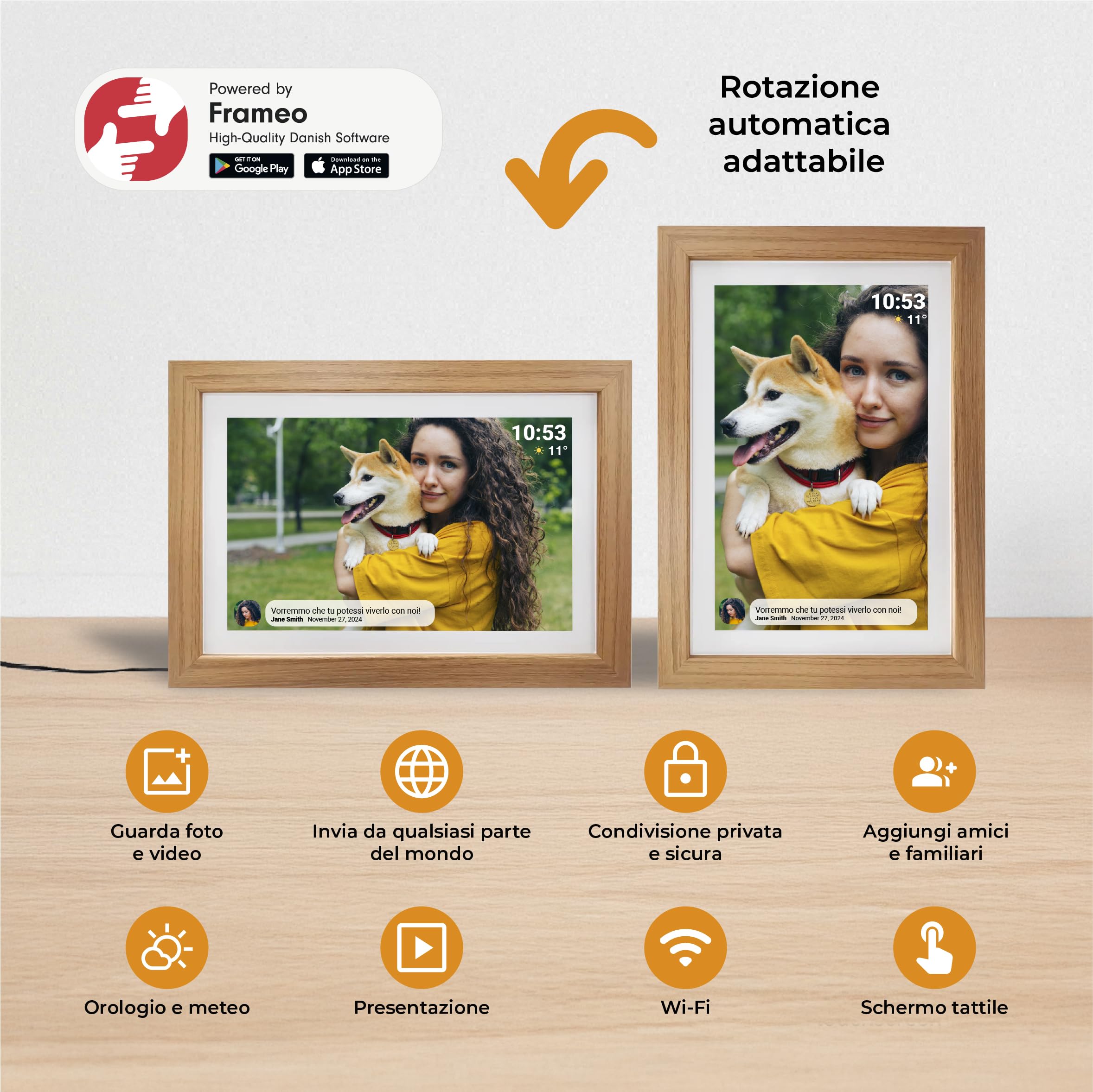 Cornice Digitale 10 Pollici WiFi – Schermo IPS HD 1280x800 – Portafoto Digitale Frameo Denver per Foto e Video – Cornice Elettronica Touchscreen Smart – 16GB Memoria – Slot microSD – Legno Chiaro