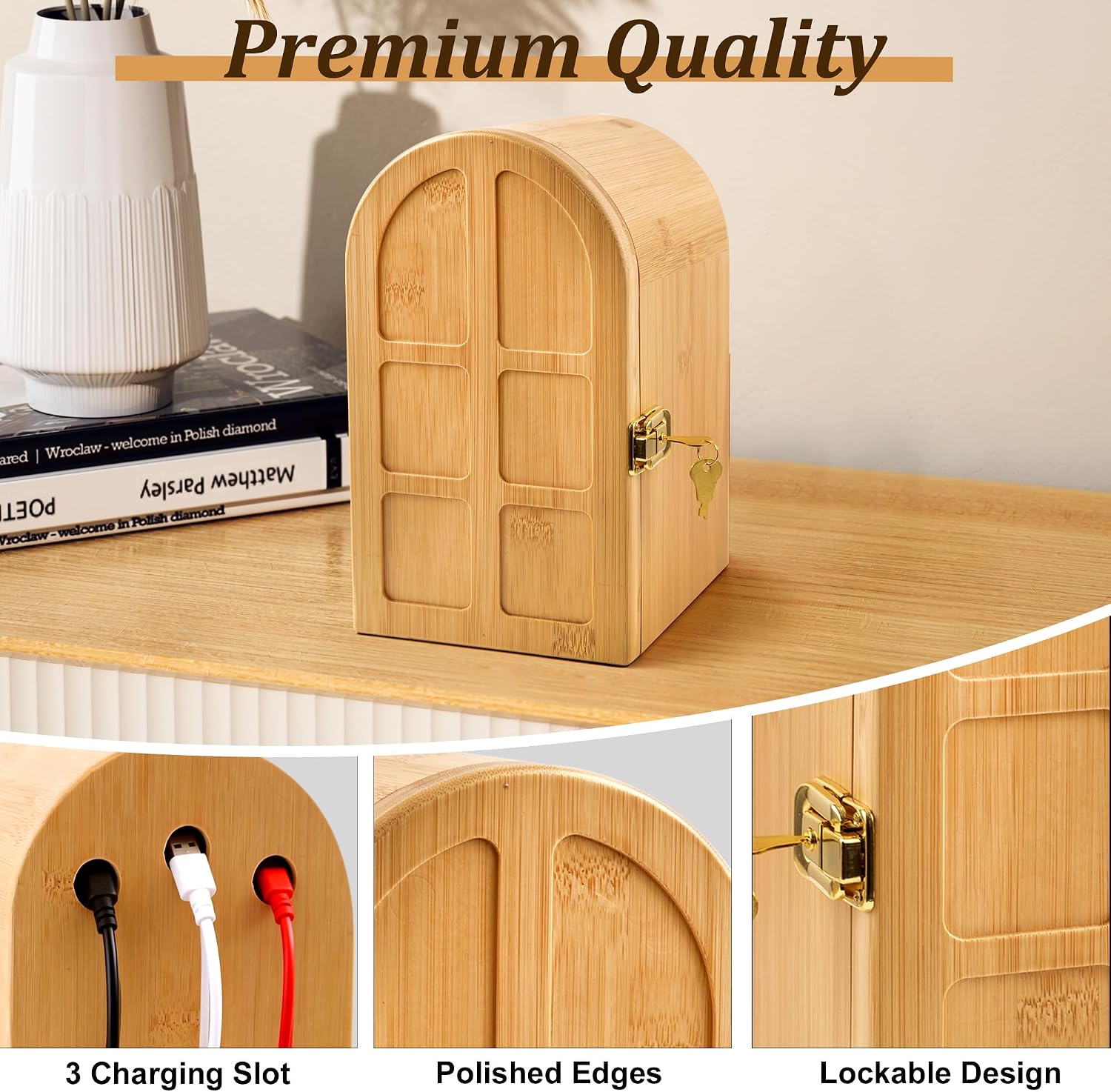 Bamboo Phone Jail with Lock, Phone Box for Family Time Cell Phone Lock Box with 3 Charging Holes, Self-Discipline Box Help People Focus Back