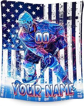 Hockey Blanket, Personalized Boys Blanket, Custom Ice Hockey Gifts for Sports Lovers, Cozy Flannel Throw for Adults, 60"x80"