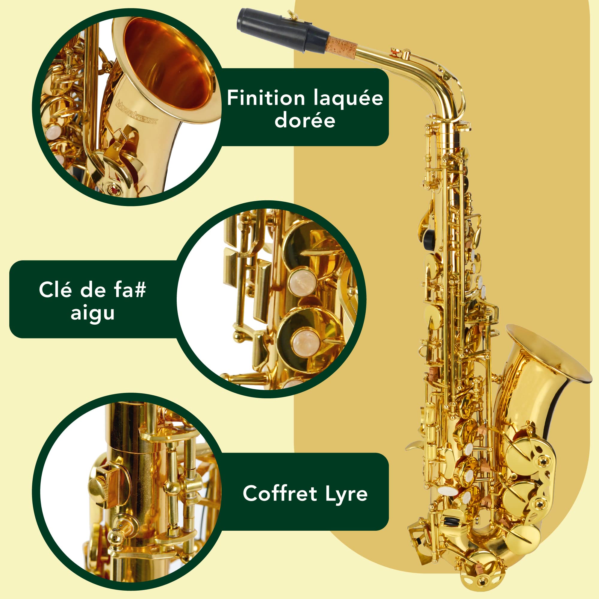 Montreux Student Eb Alto Saxophone pour débutants avec étui de protection léger, embouchure, anche, élingue, protège-pad - Laiton laqué, clé de fa# aigu, mi bémol