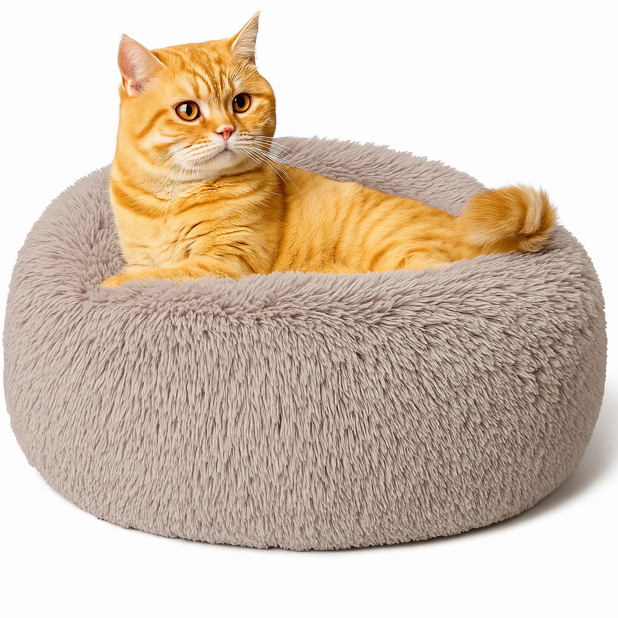 SEOUGEE Calming Donut Cat Bed, Fluffy Plush Round Dog Bed, Cosy Soft Washable Cushion Warming Pet Beds with Non-Slip Bottom, Indoor Sleeping Cuddler Nest for Cats Puppy Kitten (Taupe 40cm)