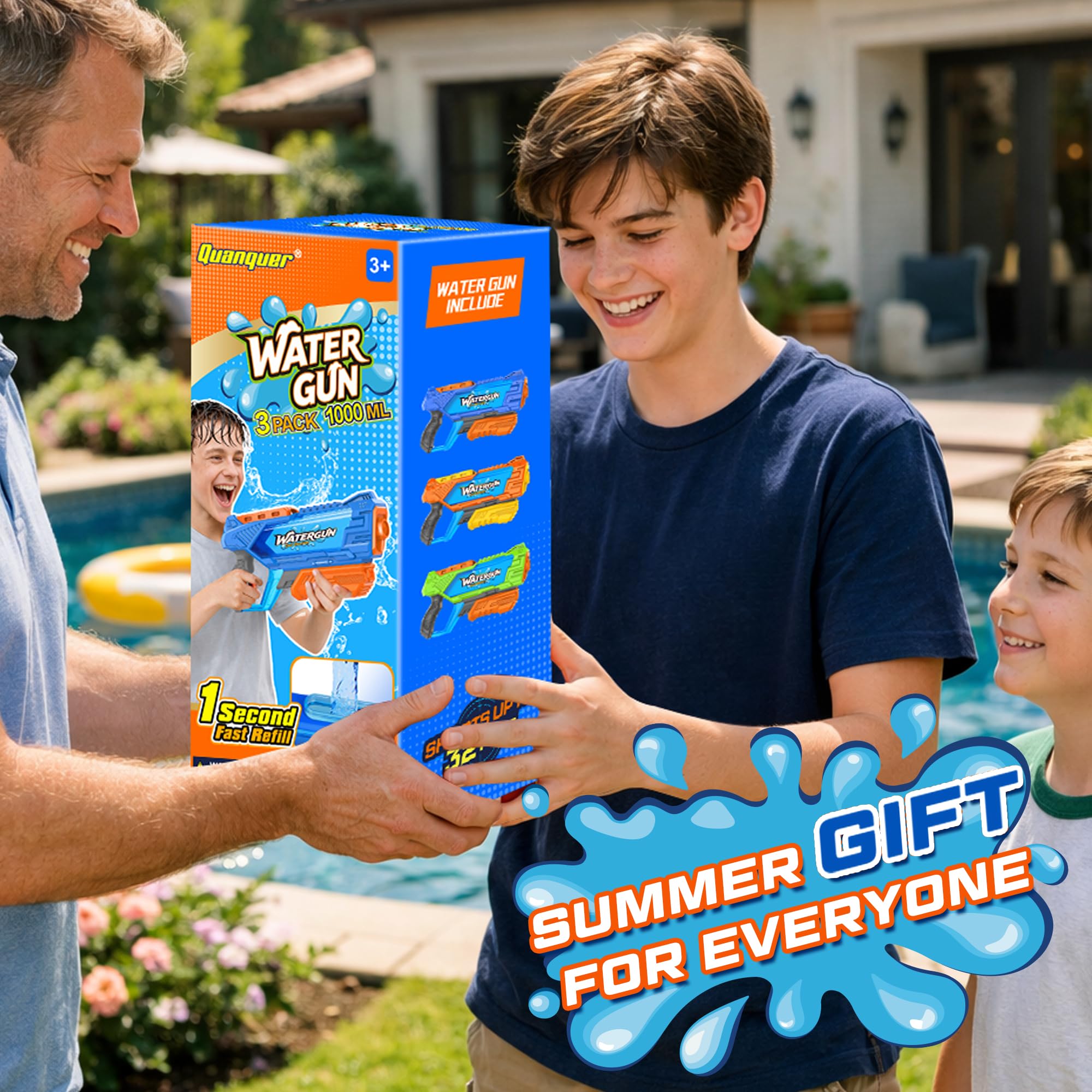 Quanquer 3 Pistole a Spruzzo Da 1000 Ml Con Lunga Portata Per Bambini E Adulti, Pistola Per Acqua a Ricarica Veloce Portata 32 Piedi, Regalo Estivo Ideale Per Piscina, Spiaggia E Battaglie D’acqua