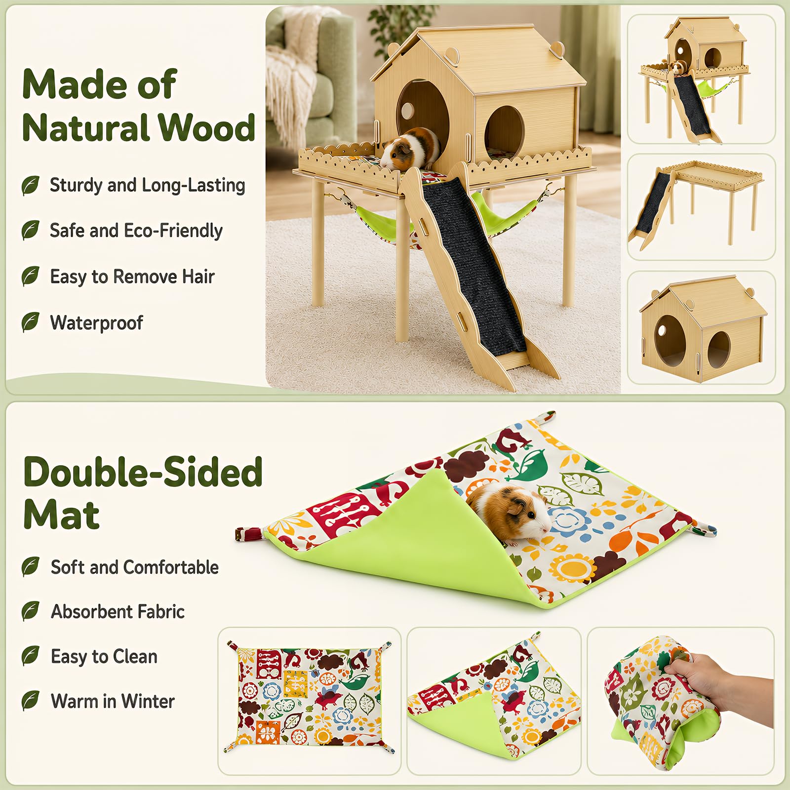 Maison 3-en-1 pour cochon d'Inde, maison pour hamster avec plateforme, escalier, rampe et cachette, accessoires pour petits animaux avec hamac, convient pour lapins, hamsters nains