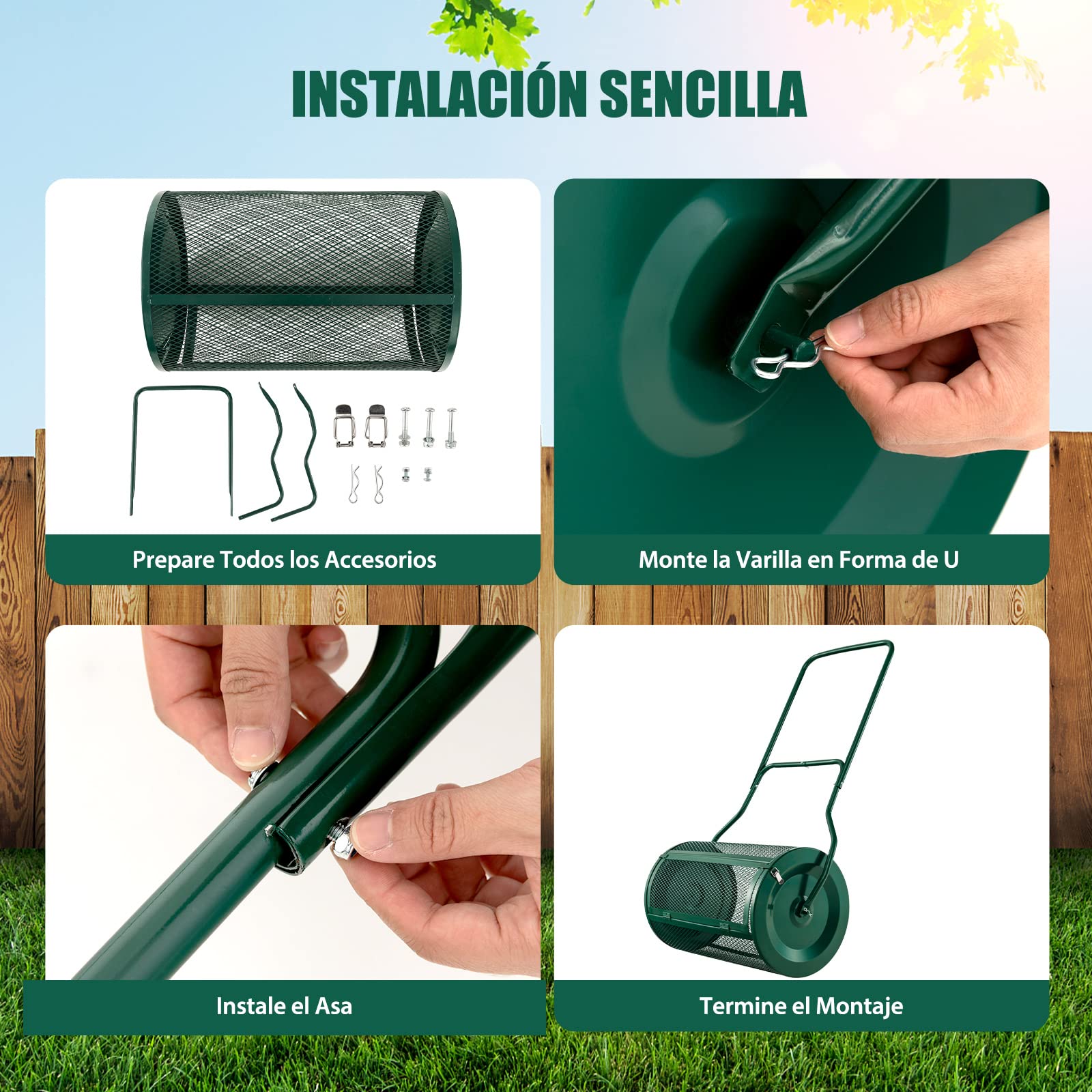 COSTWAY Esparcidor de Compost 75L, Esparcidor de Turba con Mango en Forma de U Mejorado, Cierres Laterales, Rodillo de Malla de Metal Resistente para Fertilización y Siembra (Verde)