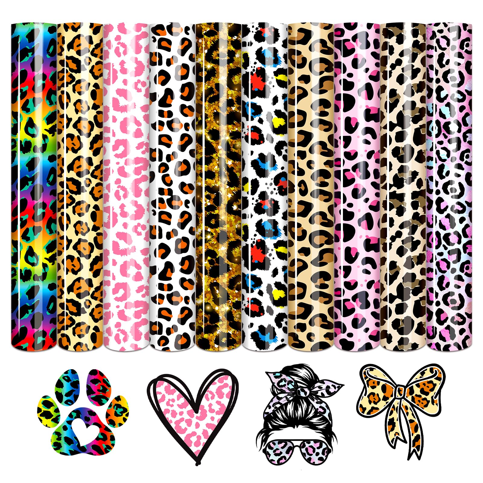 Tintnut Bunter Leopardenprint Muster Plotterfolie Textil Farbenfroher Leopard Iron on Folie 10 Blätter 12"x10" Flexfolie Plotter Textil für DIY Mode Kleidung Tasche und Heim Dekoration