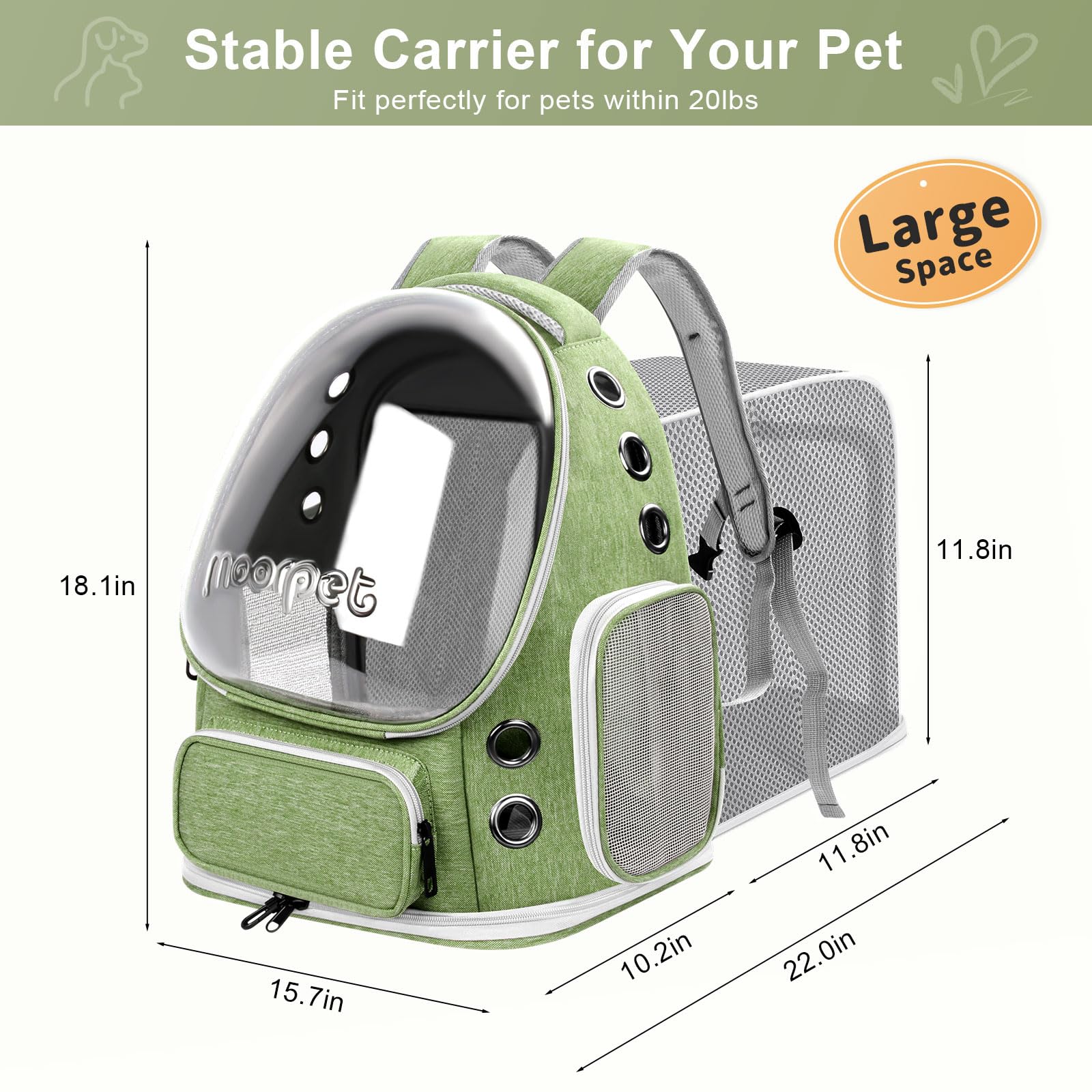 Breathable Cat Bubble Backpack Large Space Pet Carrier Backpack Expandable for Kitty Dog, Foldable Airline Approved Cat Backpack, Transparent PetTravel Backpack Up to 20 lbs (Green) (Green) - image 2