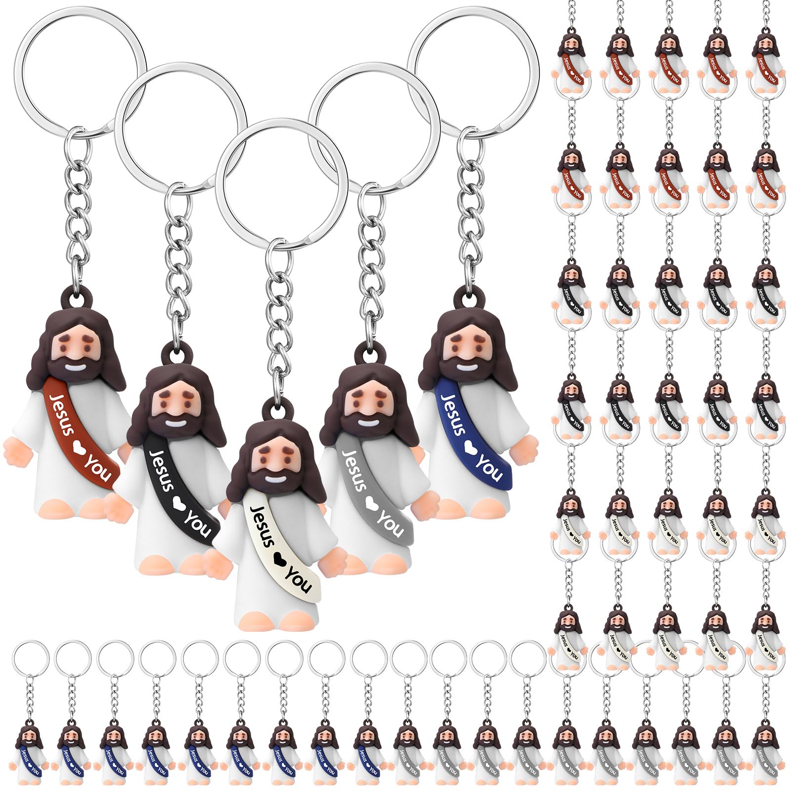 Sumind 48 Pcs Jesus Toys Figurine Christian Keychain Jesus Doll Religious Keychain Bulk Classic Christian Rings for Christ(Retro Color,White Jesus Loves You) Retro Color White Jesus Loves You