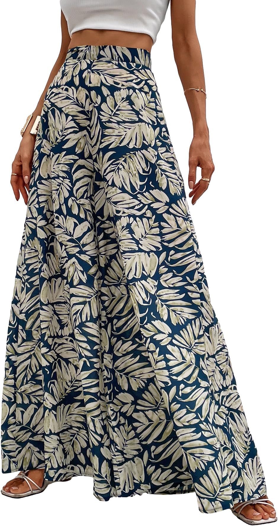 GORGLITTERWomen's Tropical Print High Waist Wide Leg Zipper Fly Boho Palazzo Pants