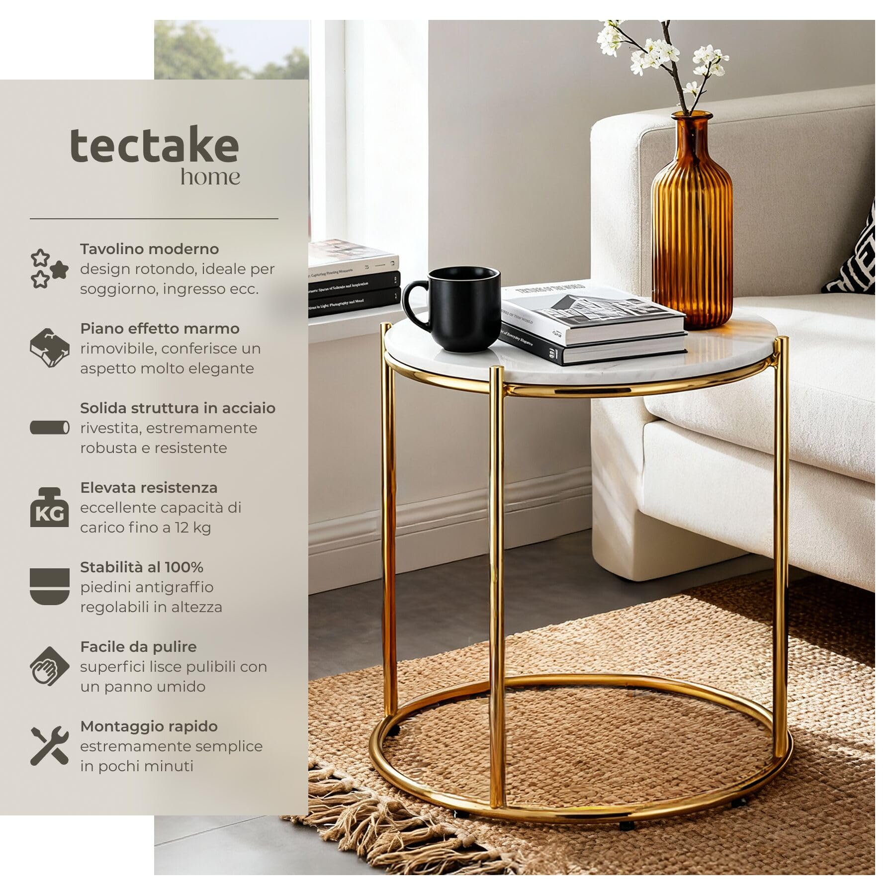 tectake® tavolino salotto in marmo, base in metallo, tavolino da caffè, tavolo basso rotondo, tavolino basso in marmo moderno per salotto, soggiorno,metallo, design, tavolo da balcone - Bianco/Oro