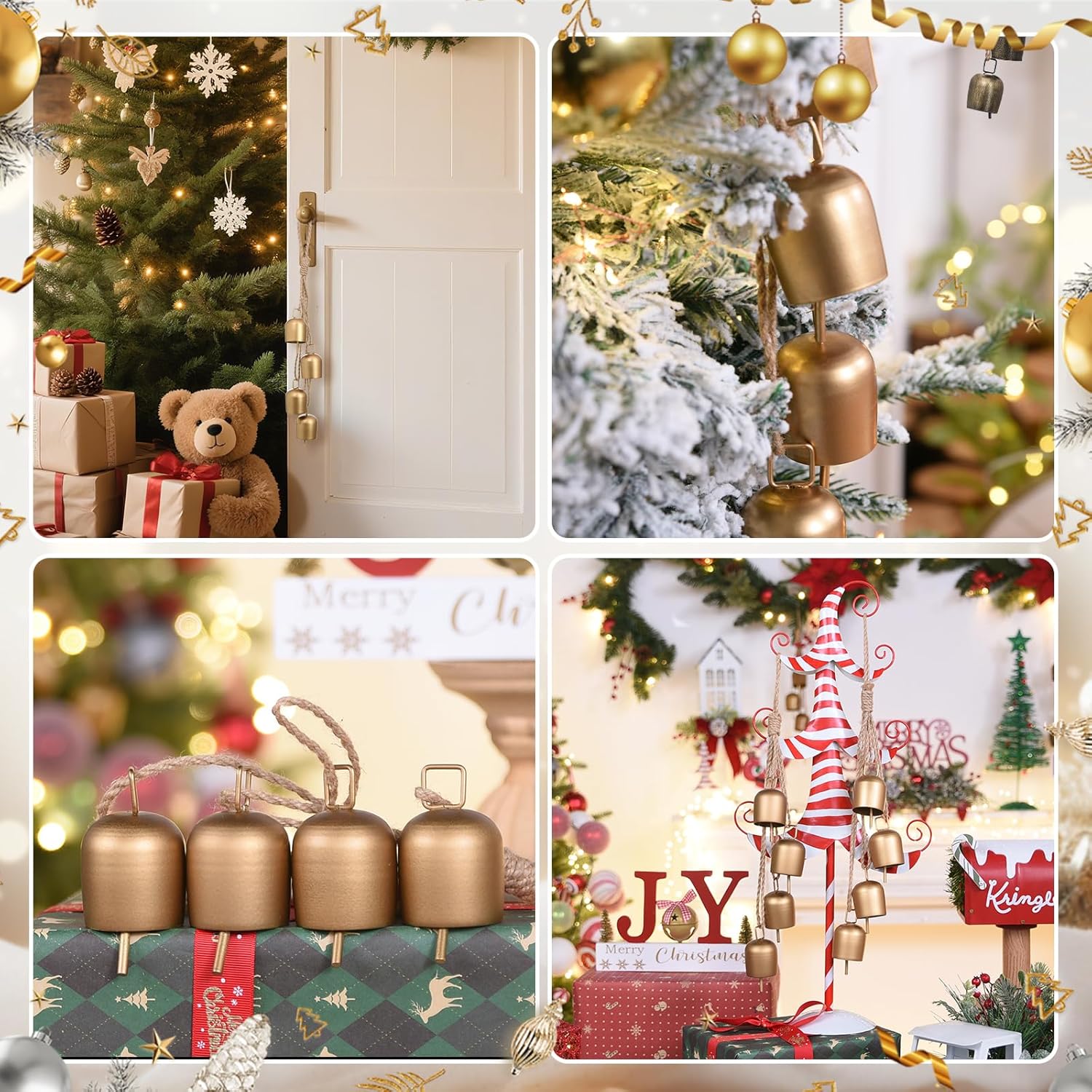 2 Pack Christmas Gold Bells Set: Vintage Hanging Bells Decorations with Jute Rope - Metal Bell Chimes for Home, Garden, Christmas Tree, Wedding & Party, Radiant Bright Gold - Image 9