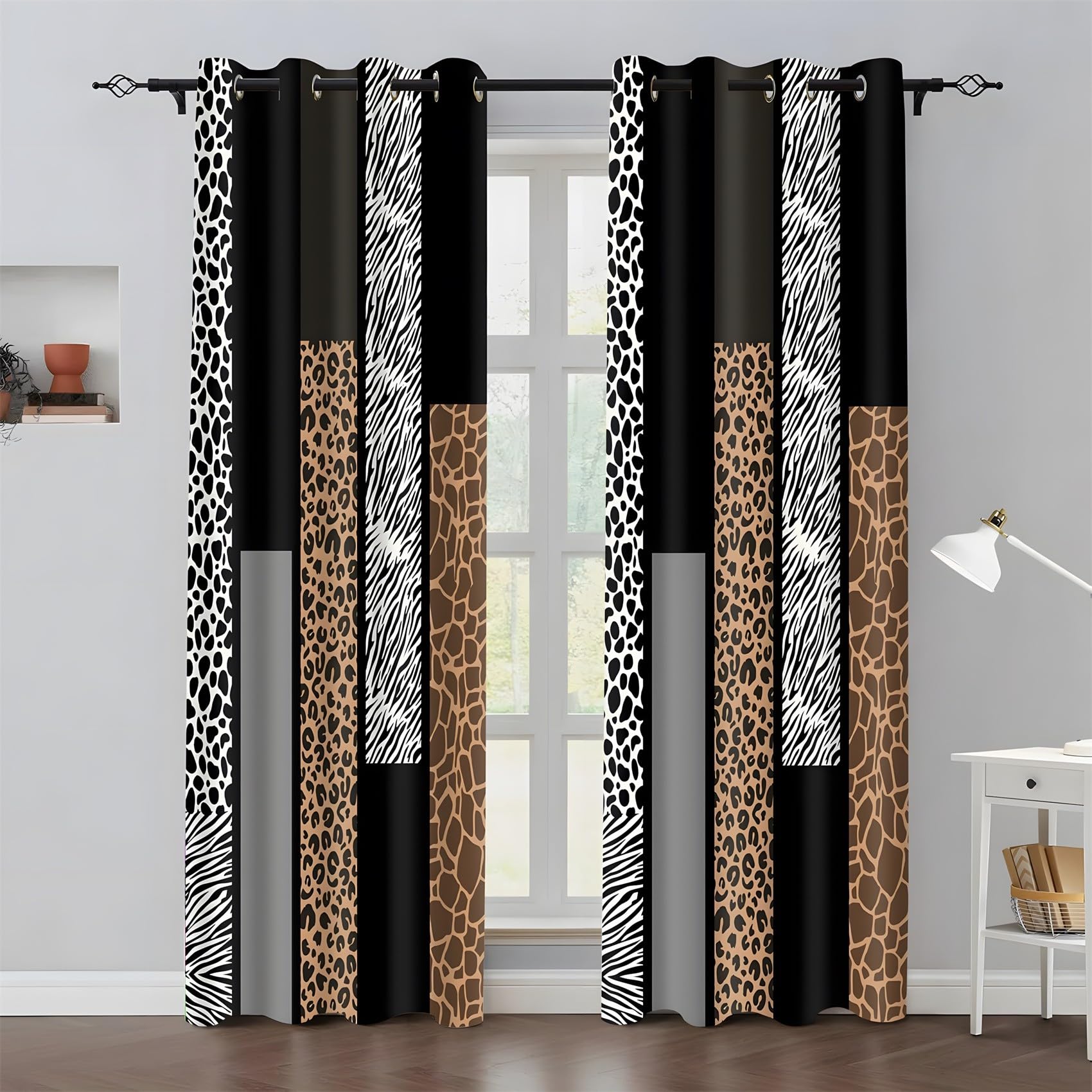 Leoparden-, Zebra- und Giraffenmuster Vorhänge, Wohnzimmer Schlafzimmer Verdunklungsvorhänge, Animal-Print Gardinen, mit Ösen vorhang blickdicht, Dekoration Curtains H137 x B117cm 2er Set PZ376