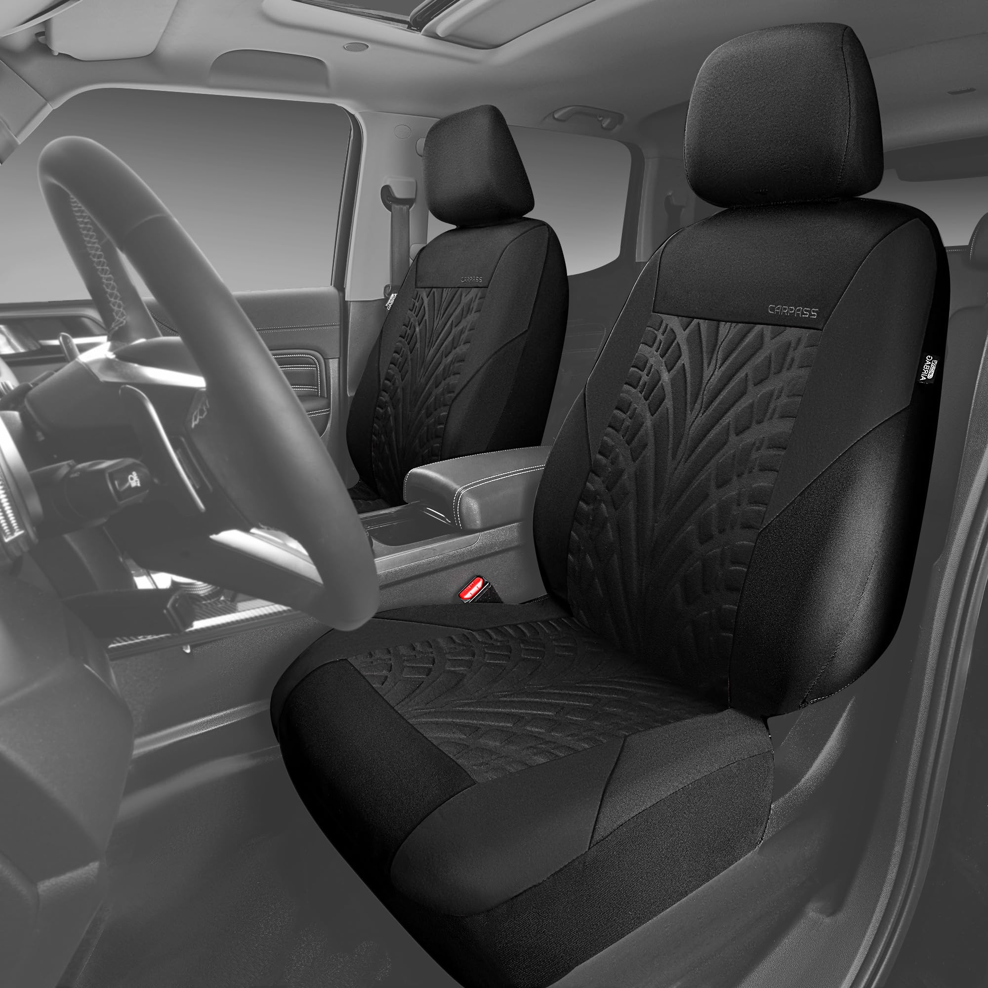 CAR PASS Housses de siège Voiture Avant pour Auto, Camion, SUV, Couvre Siege Auto avec Impression de pneus 3D, Compatibles avec airbags, Installation Rapide (Avant, Noir)