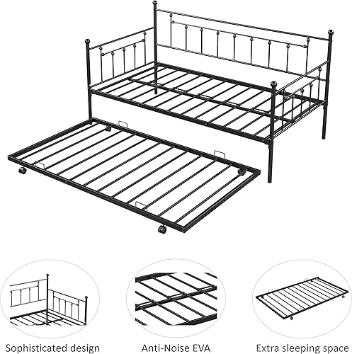Miniatura 13 de Sofá cama de marco metálico de tamaño individual con ruedas extraíbles, soporte de sofá cama de listones de acero resistente para invitados, sofá
