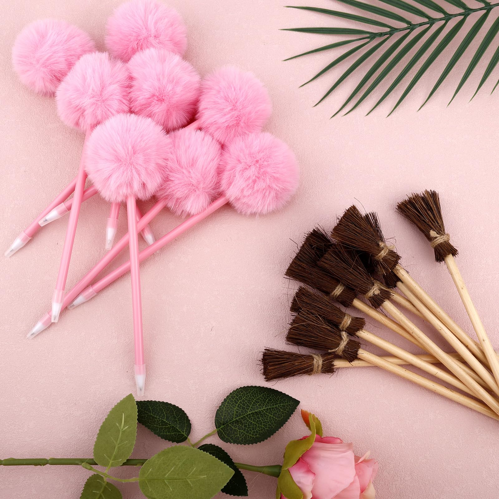 SAVITA Princess Party Favors, Include 10pcs Broom Pencils & 10pcs Pink Fluffy Pens for School Office Use Pink Pom Pom Ballpoint Pens & Wooden Broom Pencils Party Supplies for Adults Teens Kids - Image 3
