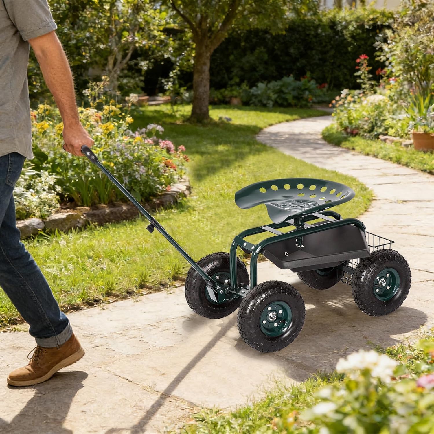 kinbor Garden Cart Rolling Work Seat Patio Wagon Scooter with Tool Tray Basket Adjustable Handle for Outdoor Planting Gardening, Green