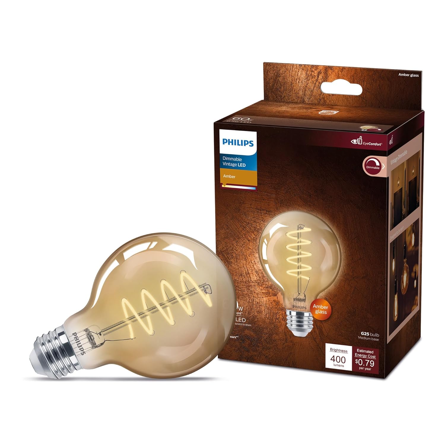 Philips 565887-6 5G25 VIN 820 E26 Amber G SP D 4 1PFT20 Globe Style Antique Filament LED Light