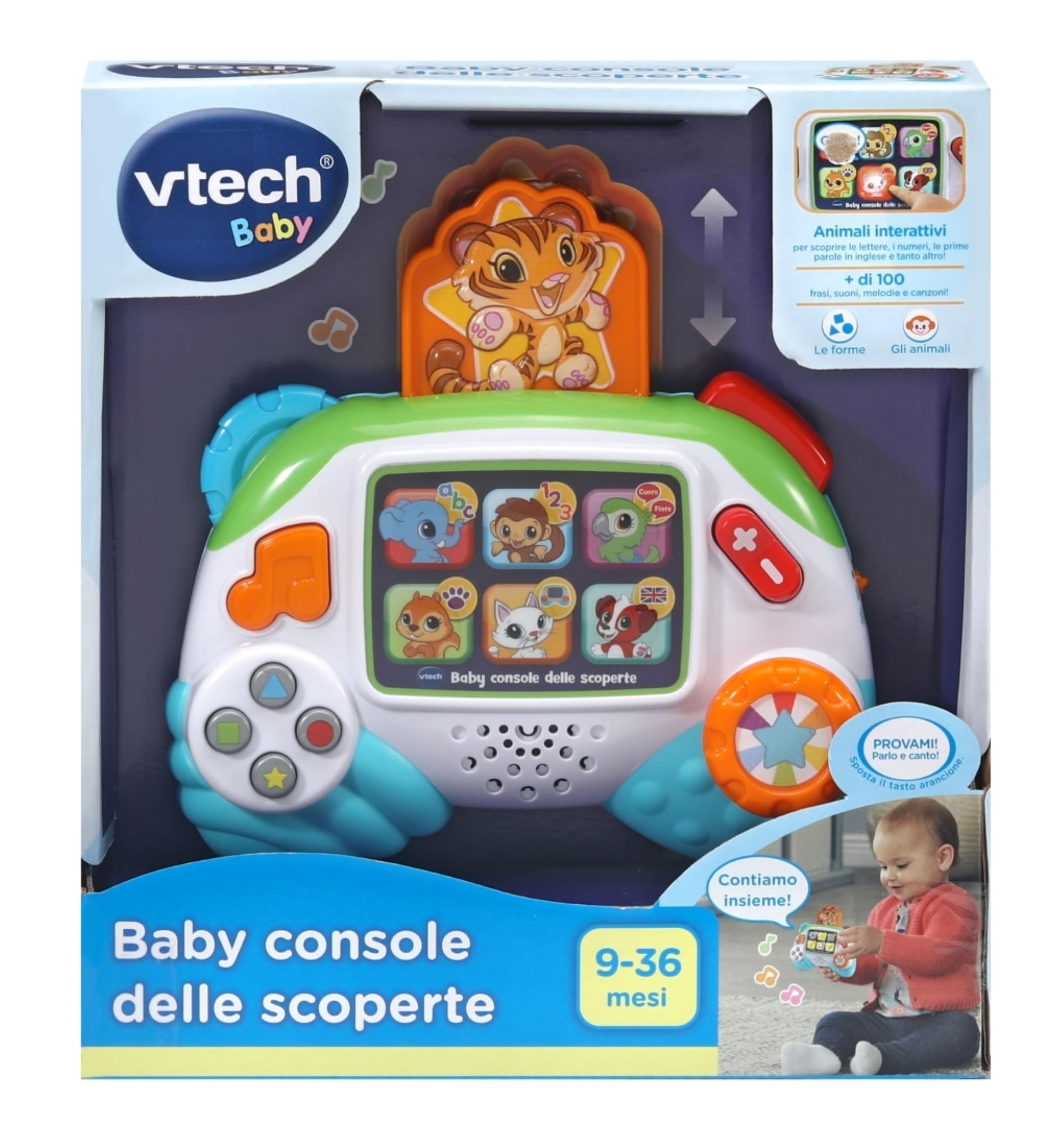 VTech Baby Console delle Scoperte, Joystick Interattivo per Neonati, Impara gli Animali e l'Alfabeto in Italiano e Inglese, Gioco Neonato con Pulsanti Realistici, Batterie Incluse, 9-36 Mesi