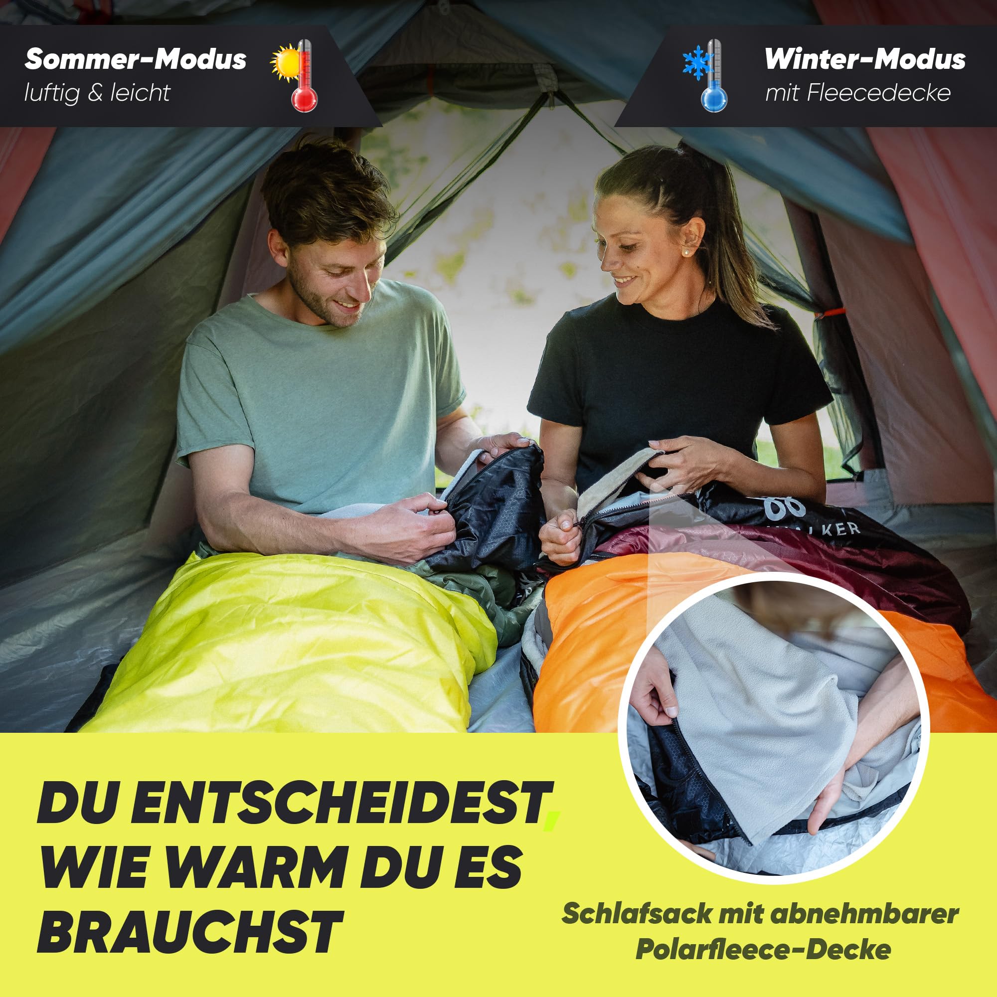 SKINWALKER Saco de dormir para 3 – 4 estaciones con [forro polar interior extraíble] para invierno y verano [tamaño pequeño del paquete] saco de dormir momia impermeable para exterior y camping saco